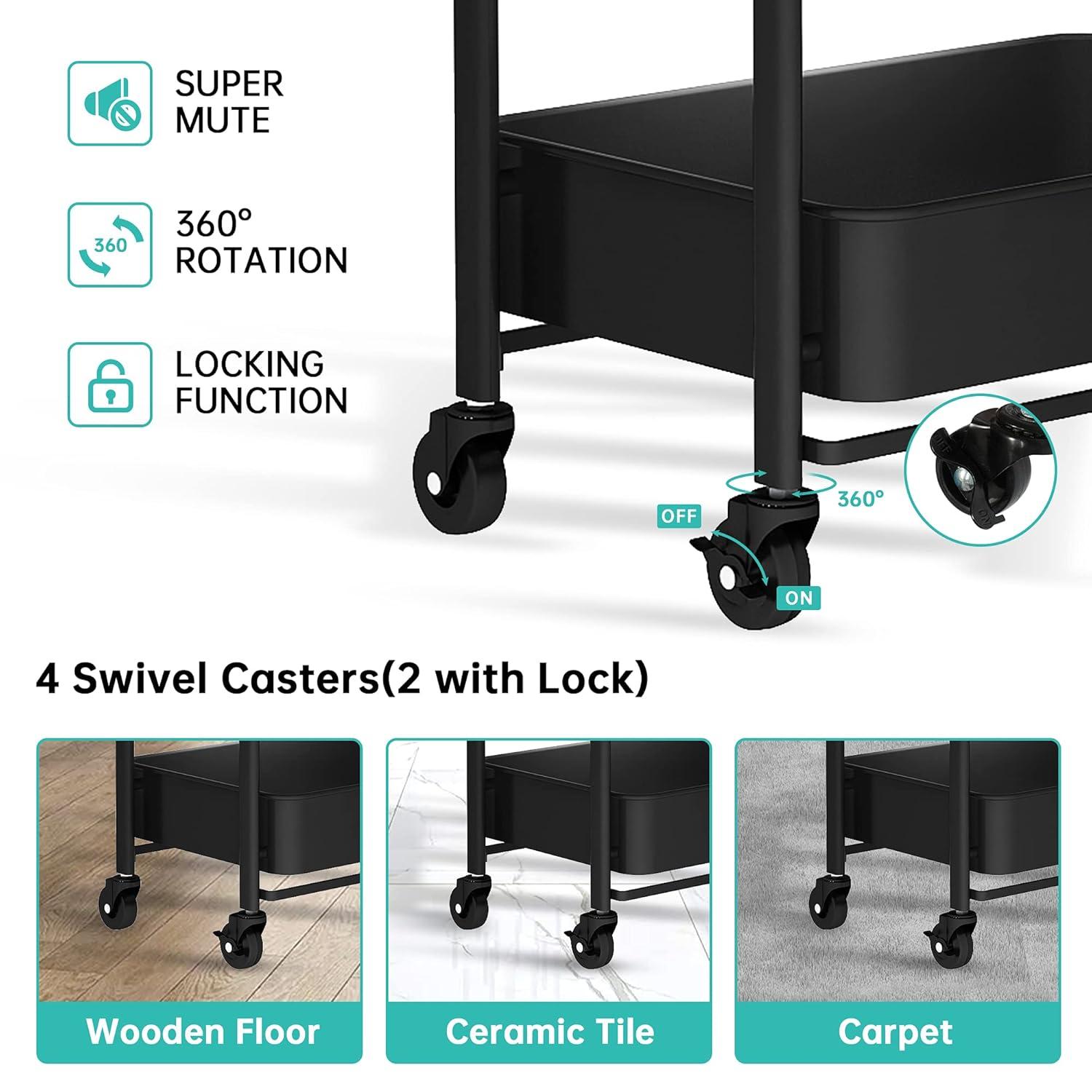 Wharick Foldable Storage Cart 3 Tier Rolling Cart with Wheels Folding Metal Cart Organizer with Handle Utility Cart with Basket for Kitchen Pantry, Classroom, Office