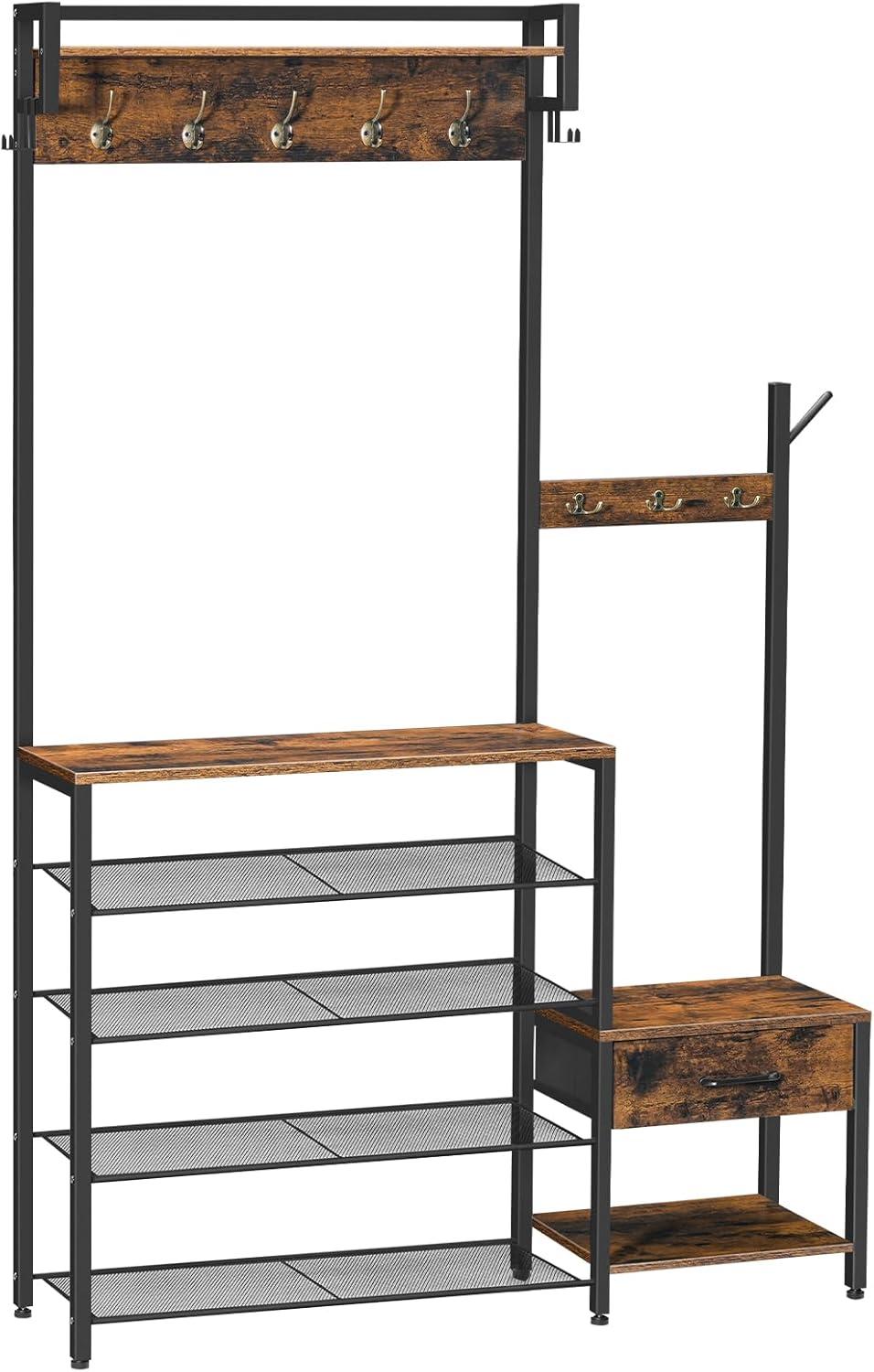 VASAGLE Hall Tree Entryway Coat Rack with Shoe Bench Rustic Walnut and Black