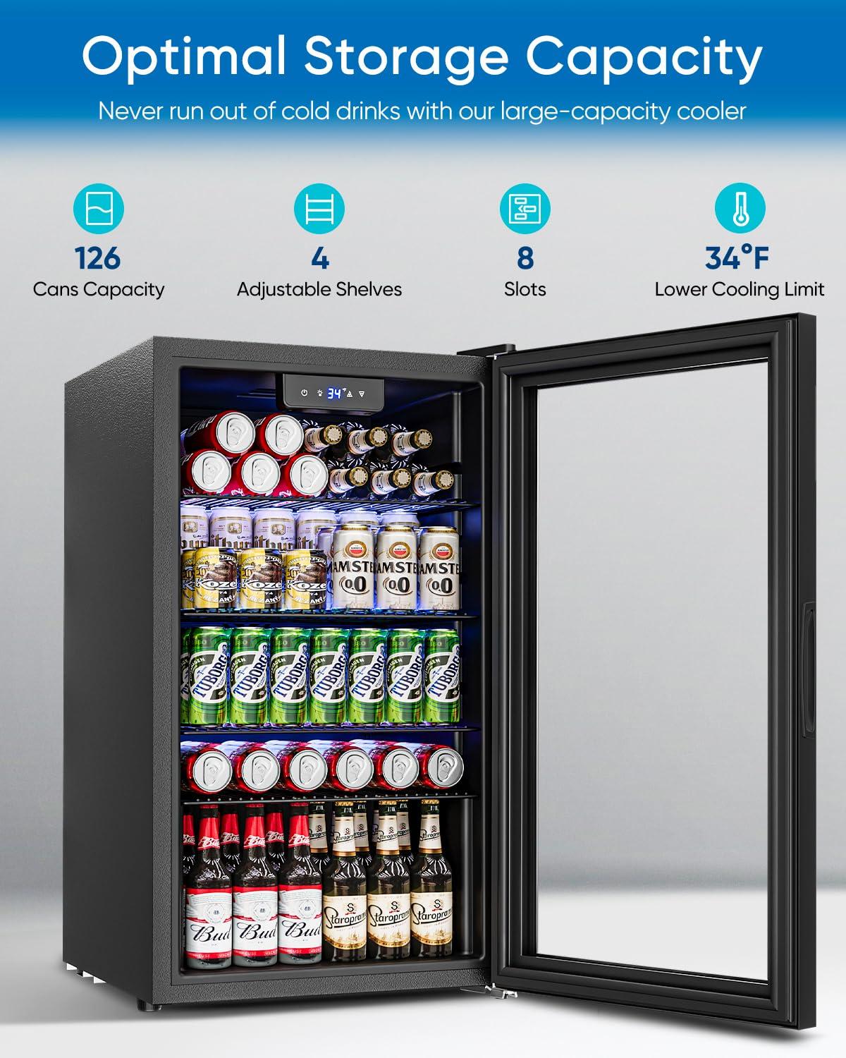 Ivation 126 Can Beverage Refrigerator, Freestanding Mini Fridge with Glass Door - Black