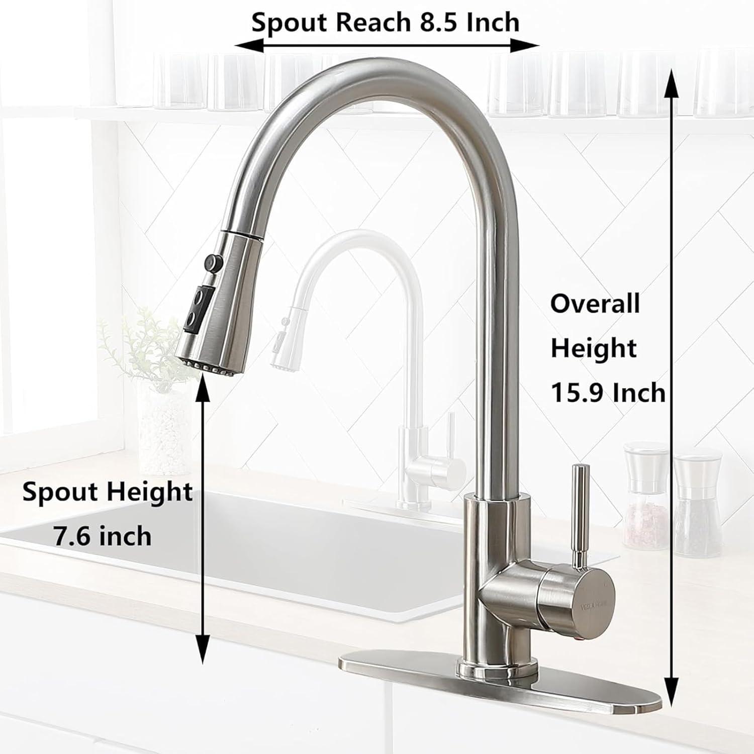 Brushed Nickel Kitchen Sink Faucet with Pull Down Sprayer Single Handle Single Hole Mixer Tap