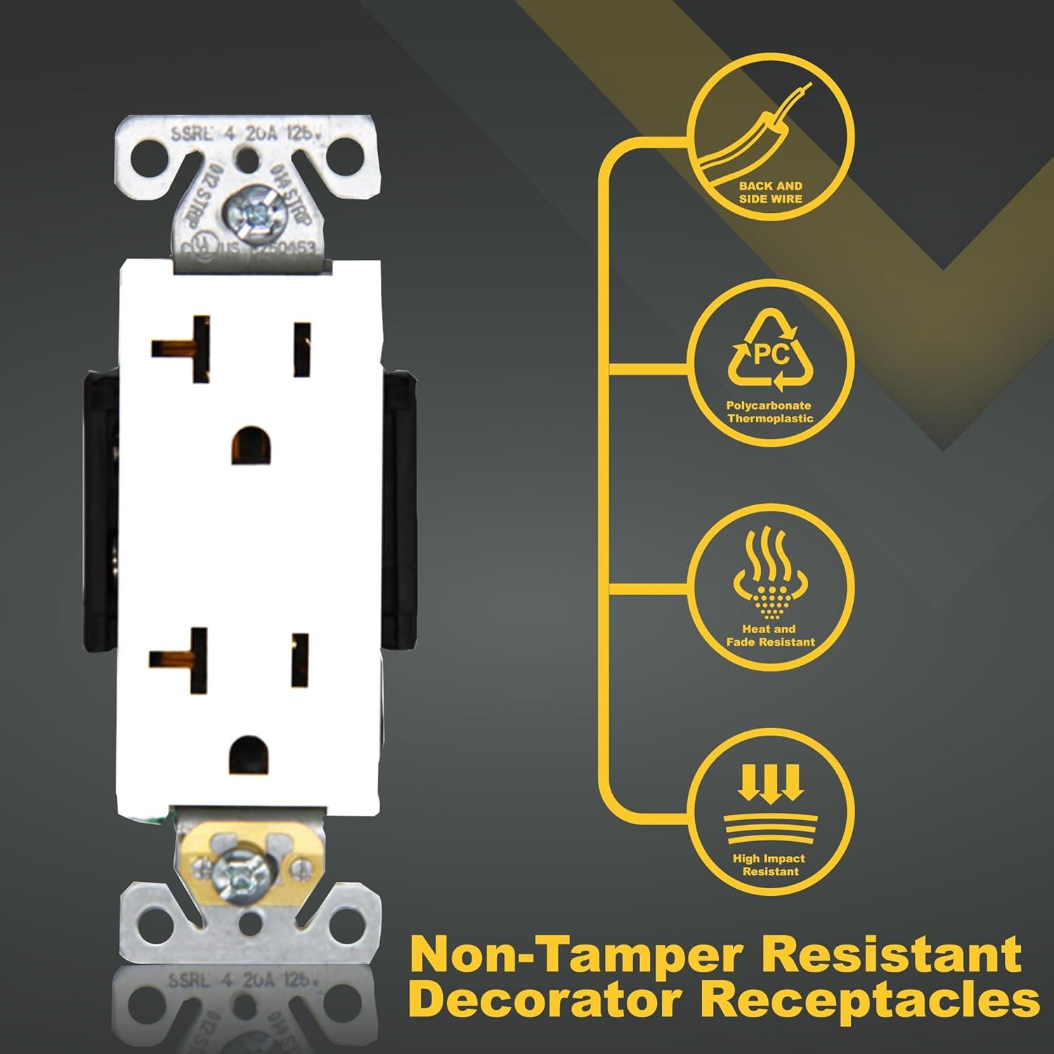 Faith [10-Pack] Duplex Receptacle Outlet, Non-Tamper-Resistant 3-Prong Outlet Receptacle, 3-Wire, Self-Grounding, 2-Pole,20A 125V, UL Listed, White