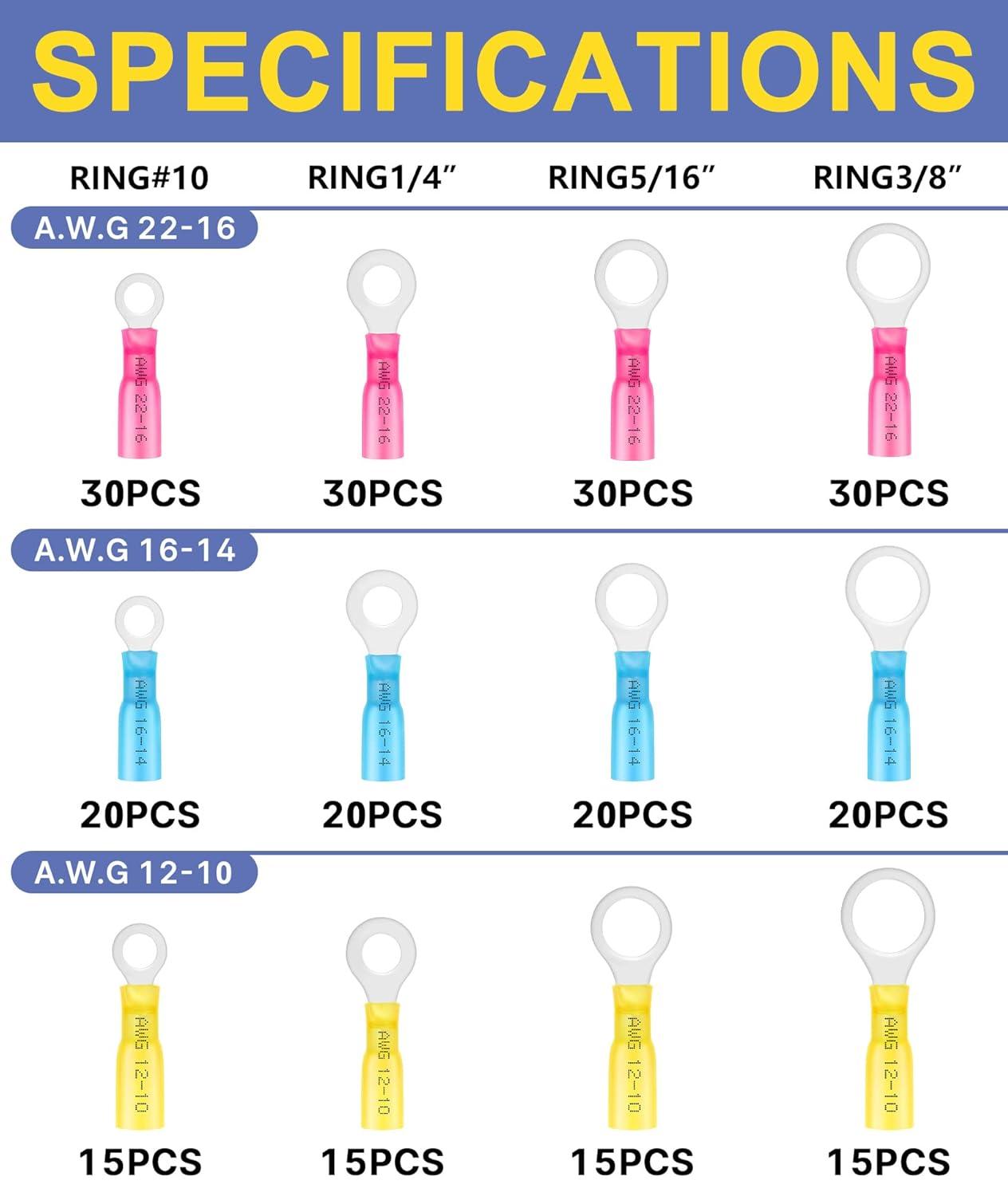 haisstronica 260PCS Marine Grade Heat Shrink Ring Connectors-Heat Shrink Wire Connectors Tinned Red Copper #10,1/4",5/16",3/8"(3Colors/4Sizes),16-14 22-16 12-10 Gauge Insulated Ring Crimp Terminals