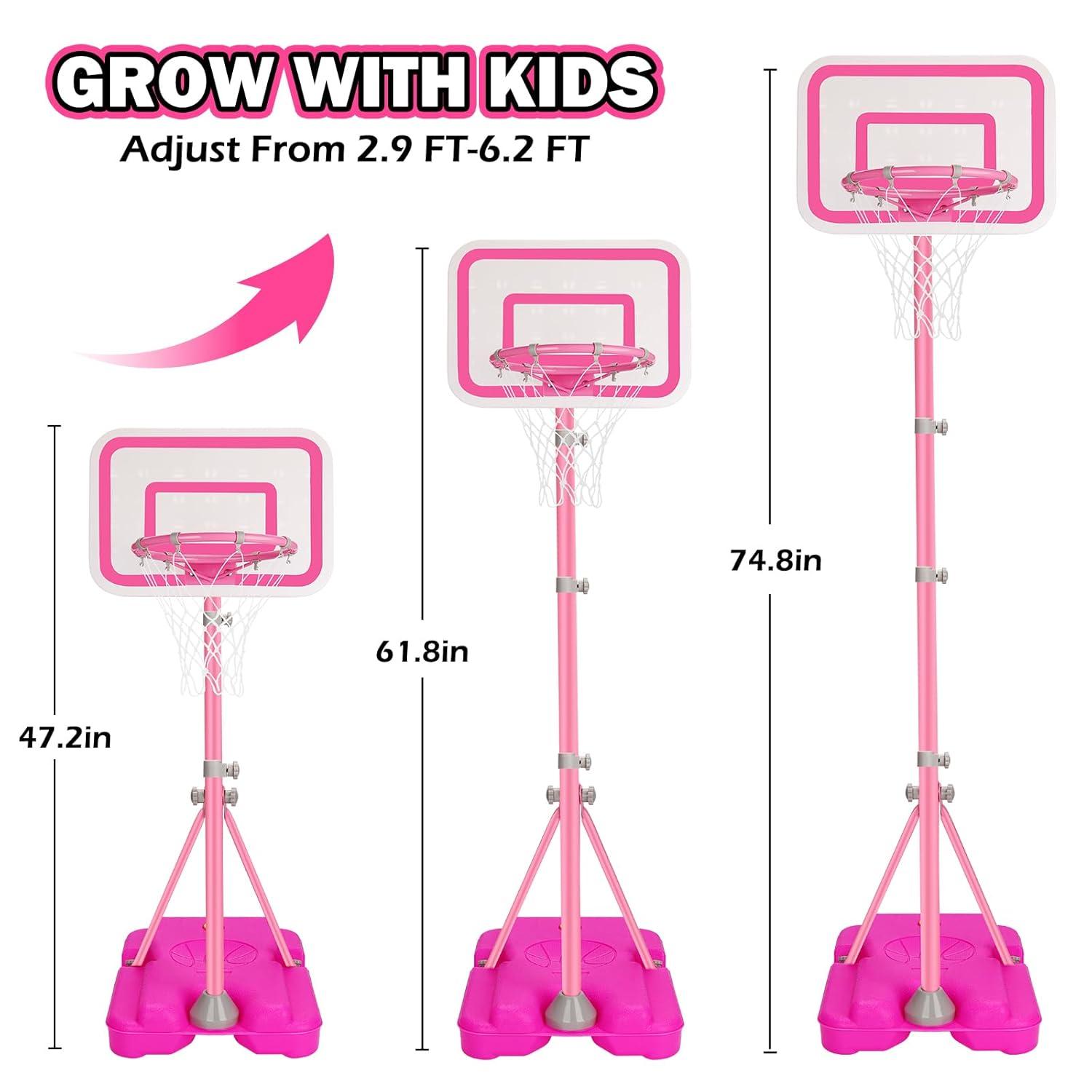 Kids Basketball Hoop Adjustable Height 2.9 ft-6.2 ft Toddler Basketball Hoop for Kids Indoor Outdoor Play Portable Basket Ball Goal Backyard Outside Toys for Boy Girl Age 2 3 4 5 6 7 8
