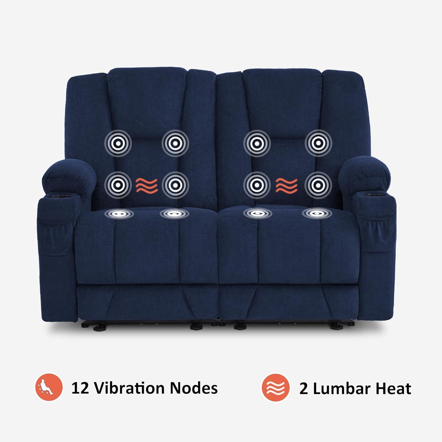 MCombo Power Loveseat Recliner w/ Massage USB Port for Living Room Navy Blue Fabric 6025