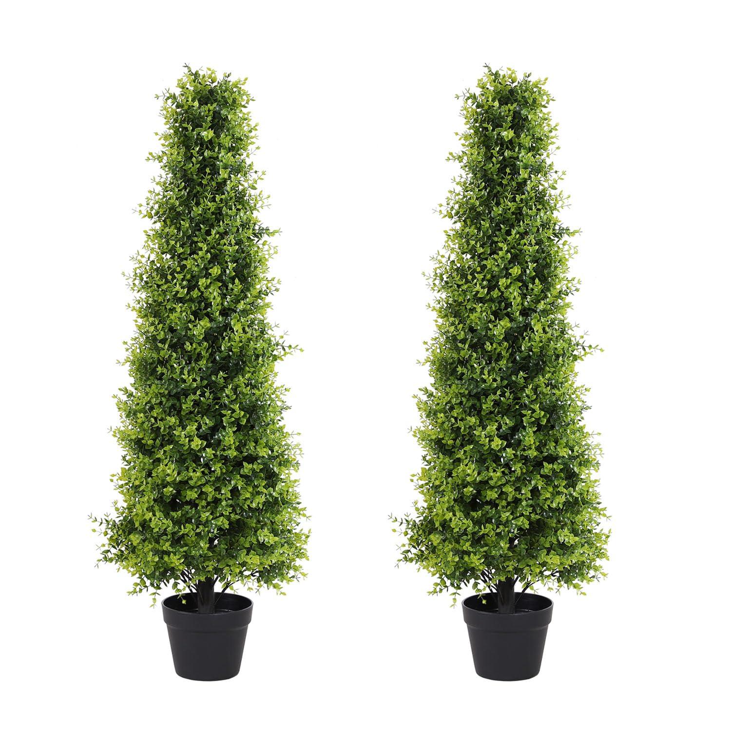 4ft Artificial Boxwood Topiary Trees, Set of 2 – UV Resistant Faux Evergreen Shrubs and Bushes for Outdoor Planters, Realistic Fake Plants for Front Porch Outside Patio Yard, 4 Foot Tall