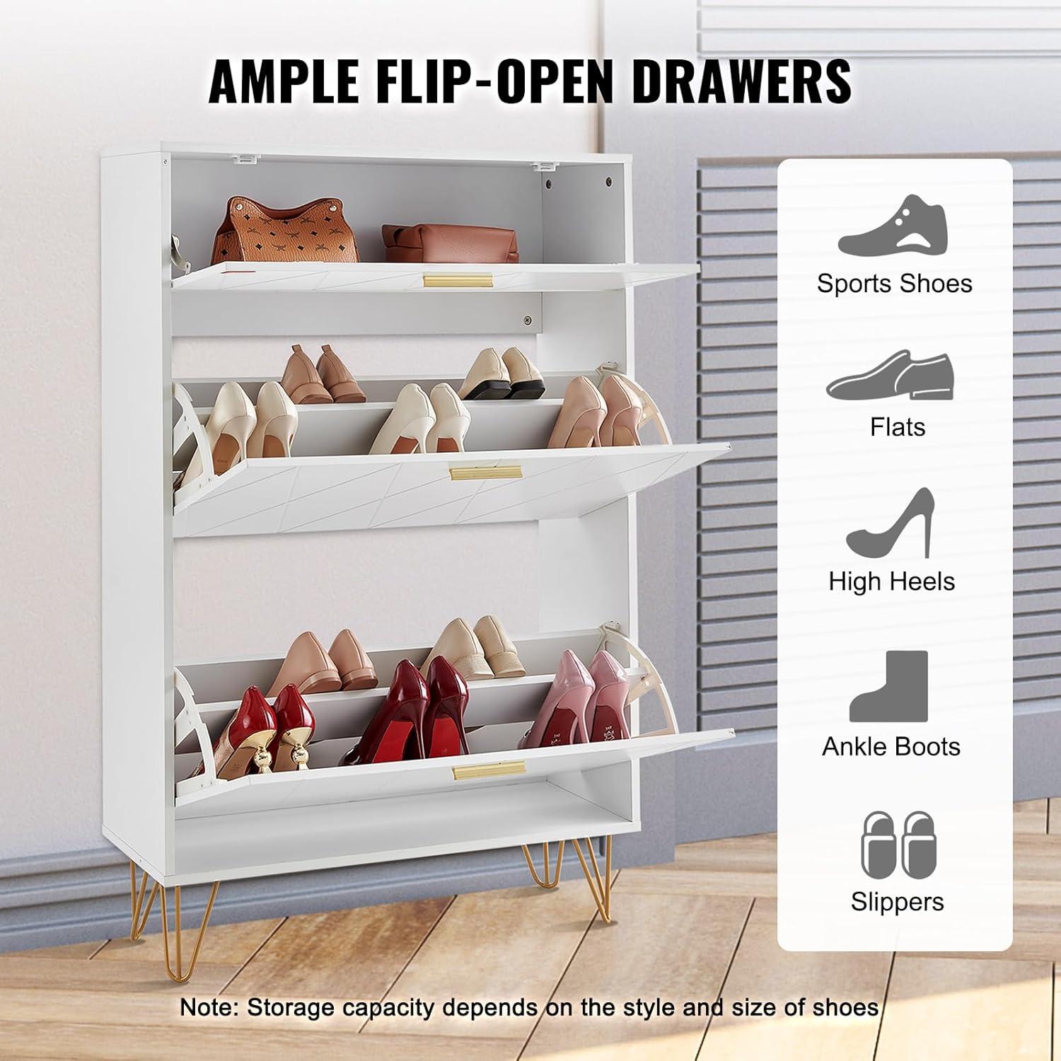 White Wood and Metal 3-Drawer Shoe Storage Cabinet