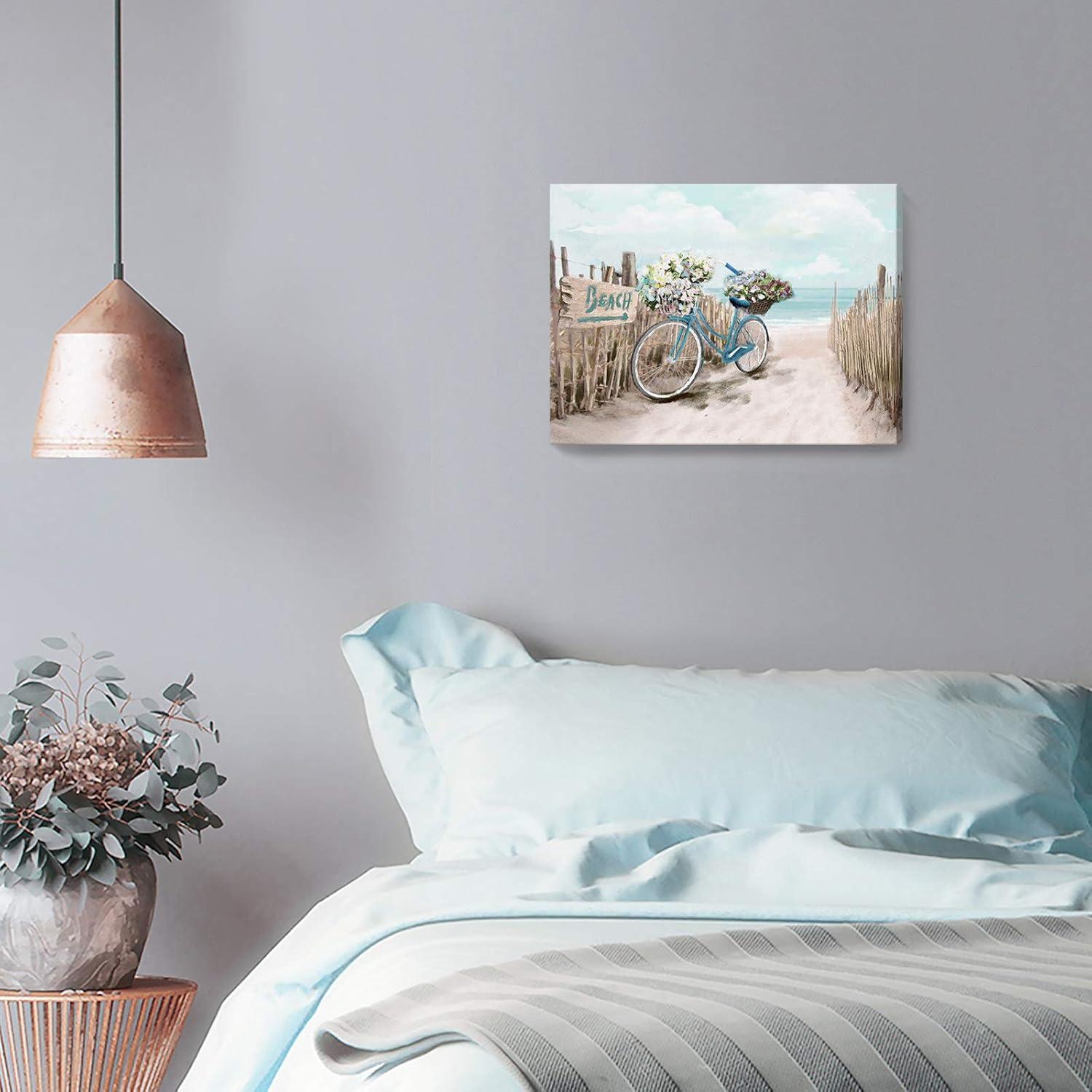 Beach Canvas Wall Art for Bathroom Ocean Pictures Seaside Bicycle Canvas Print Seascape Painting Framed Teal Aqua Blue Calming Shoreside Artwork for Modern Coastal Themed Lake Home Bedroom Décor Ready