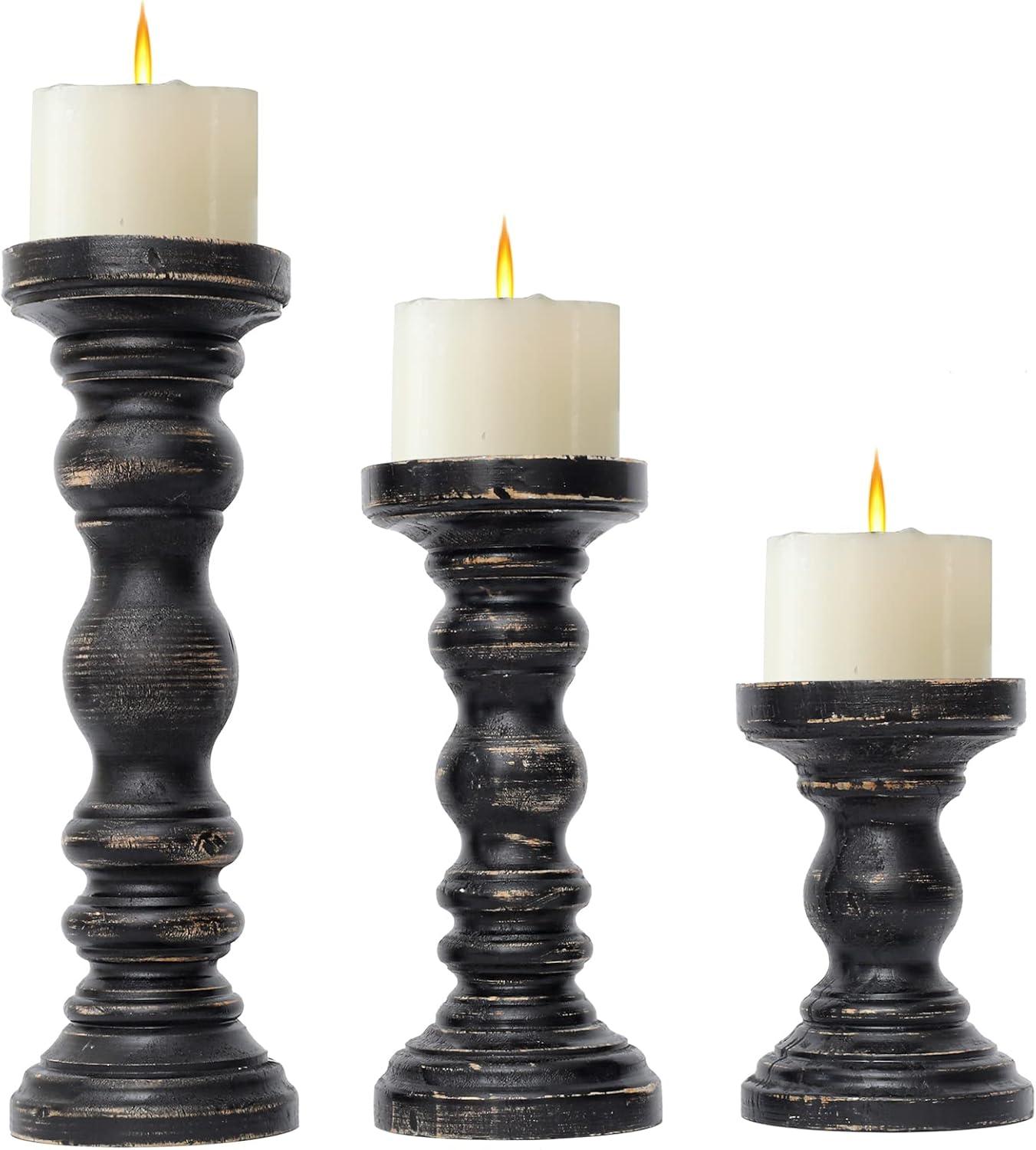 DecMode 3 Candle Black Mango Wood Distressed Turned Pillar Candle Holder, Set of 3