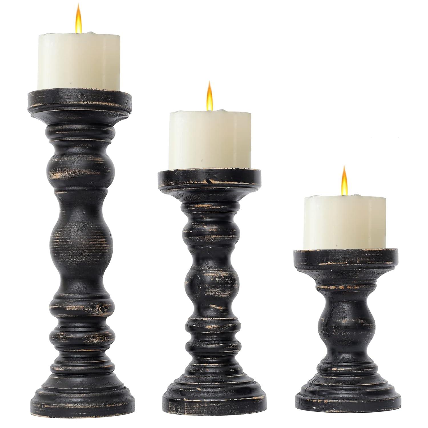 DecMode 3 Candle Black Mango Wood Distressed Turned Pillar Candle Holder, Set of 3