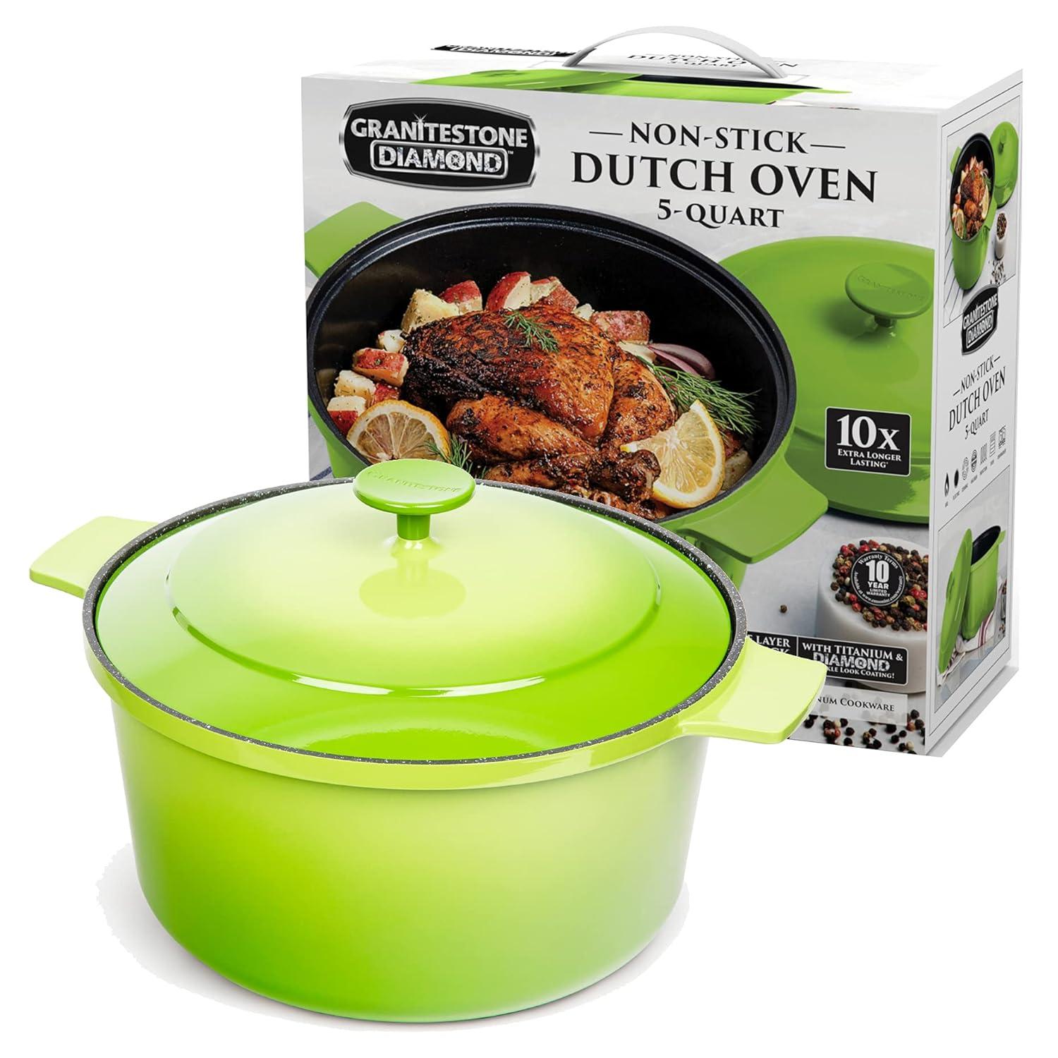 Granite Stone 5Qt Dutch Oven Ultra Durable Mineral & Diamond Nonstick Coating Dutch Oven Green