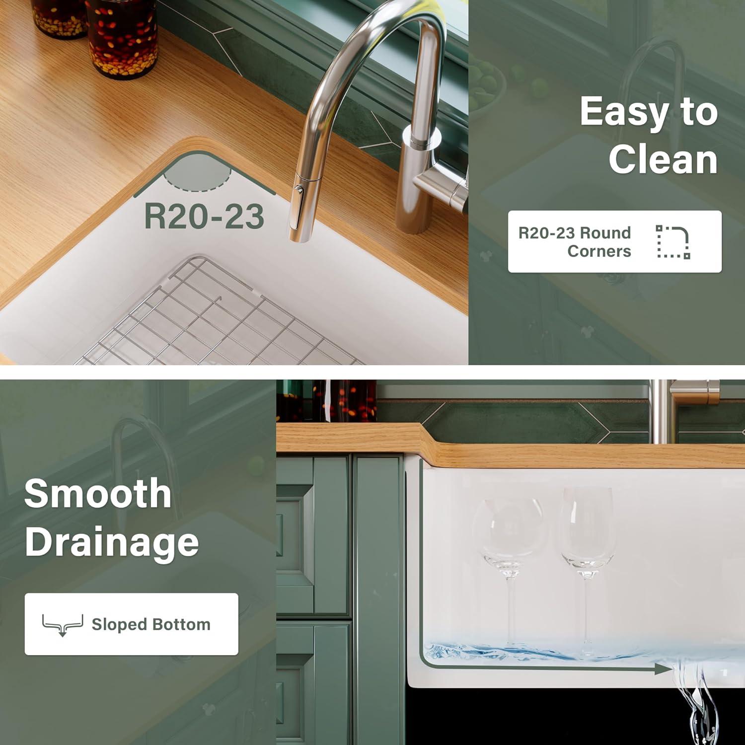 32" L x 19" W Single Bowl Fireclay Kitchen Sinks White with Bottom Grids and Basket Strainer