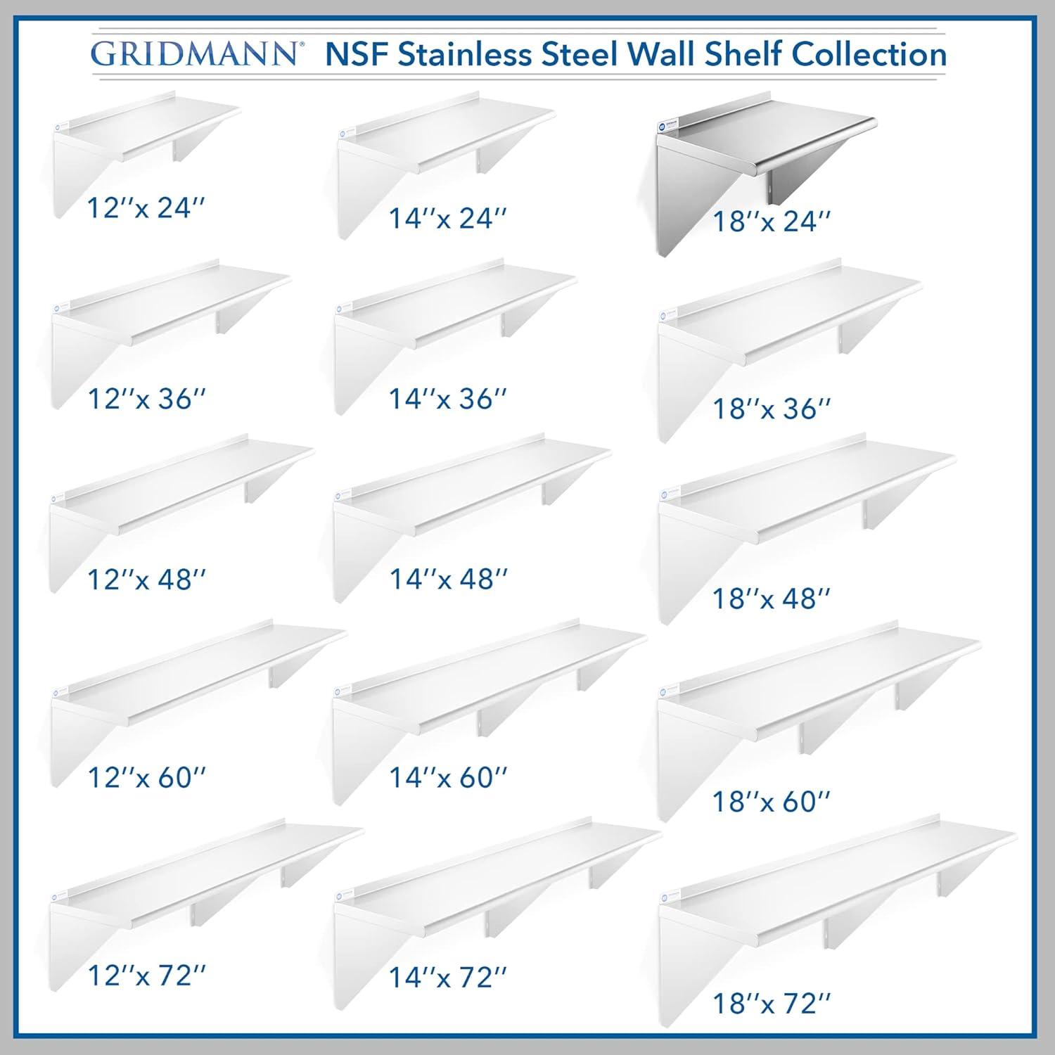 GRIDMANN 18" Deep Stainless Steel Kitchen Wall Mount Shelves with Backsplash - NSF Certified