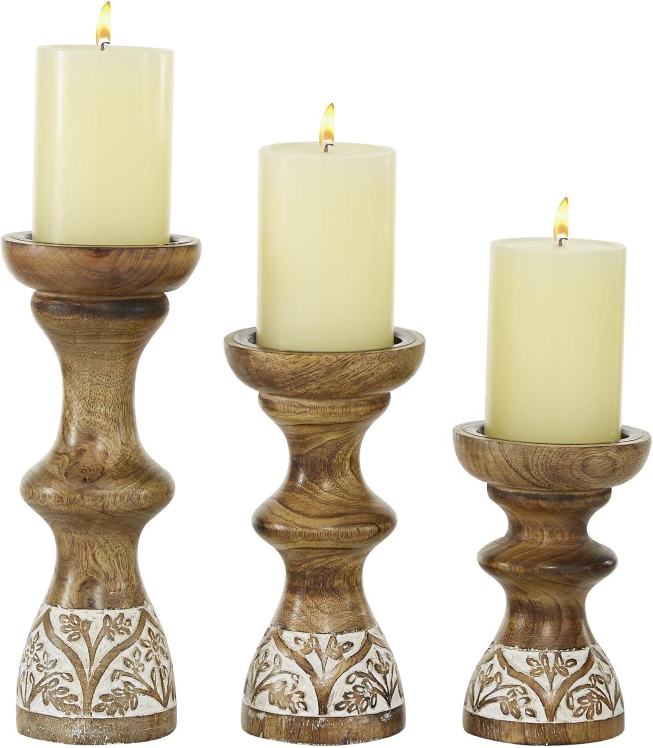 Boho-Chic Weathered Wood Pillar Candle Stick Set