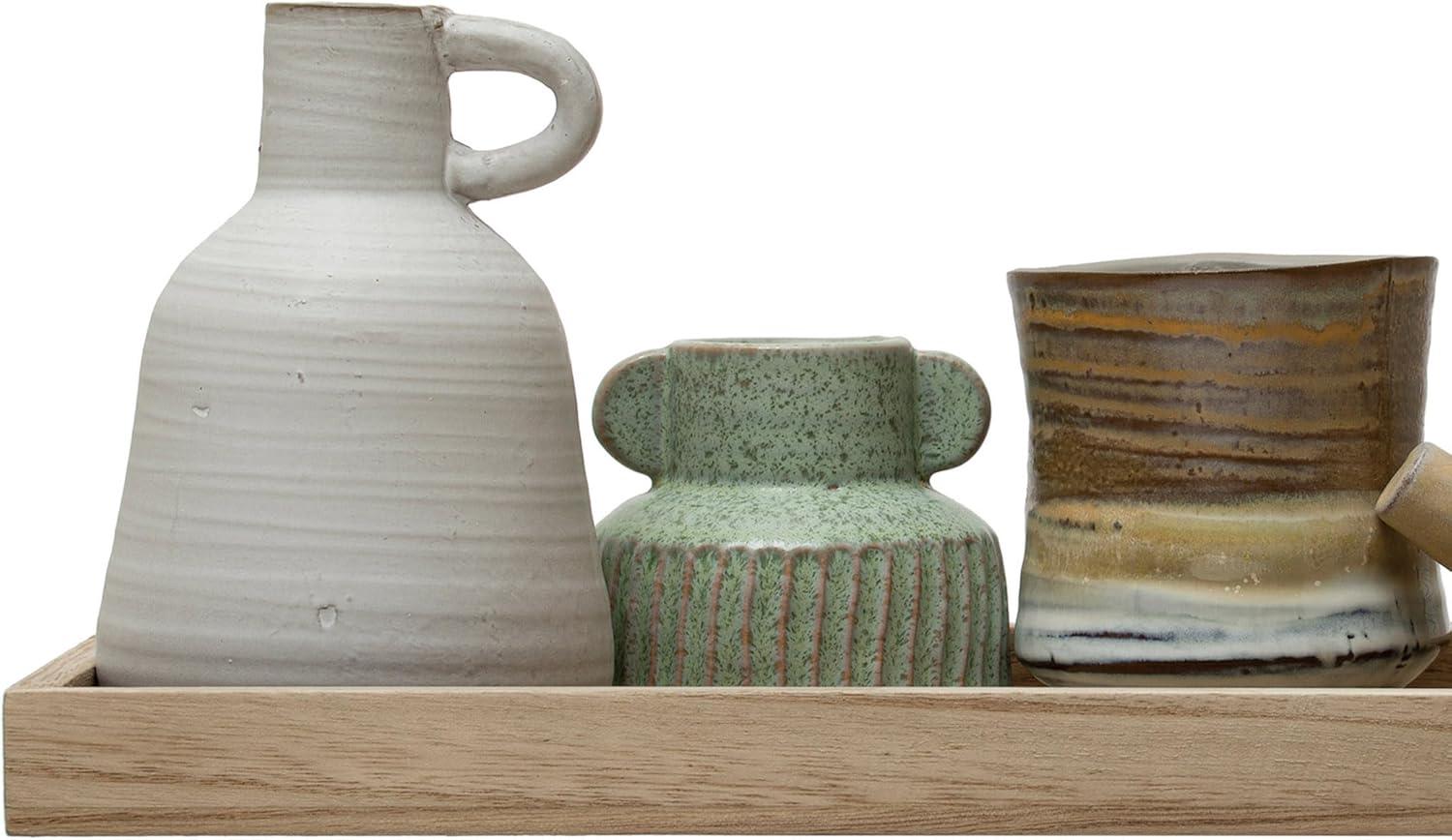 Creative Co-Op Mango Wood Tray with 3 Vases and 2 Planters, Multicolor Reactive Glaze, Set of 6