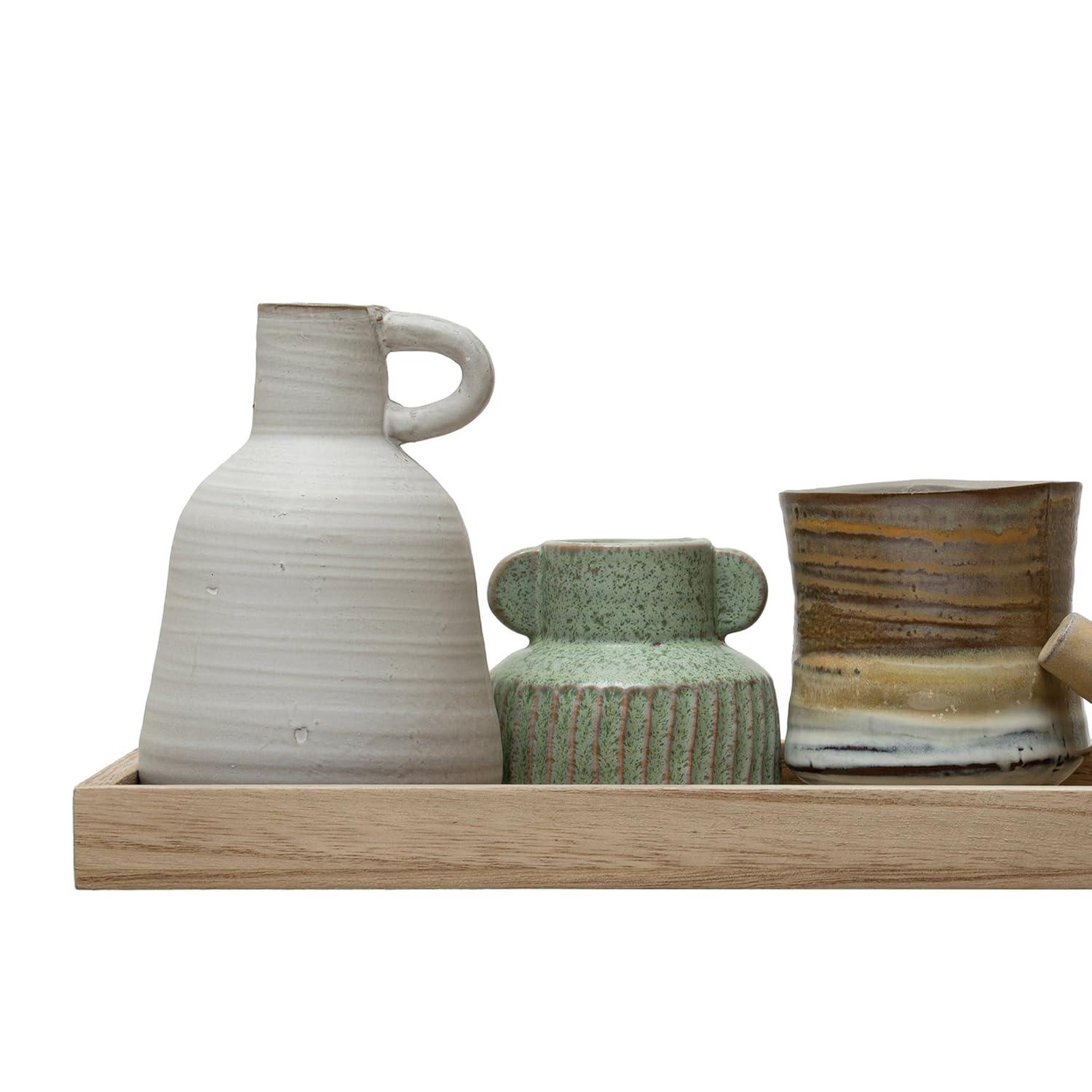 Creative Co-Op Mango Wood Tray with 3 Vases and 2 Planters, Multicolor Reactive Glaze, Set of 6