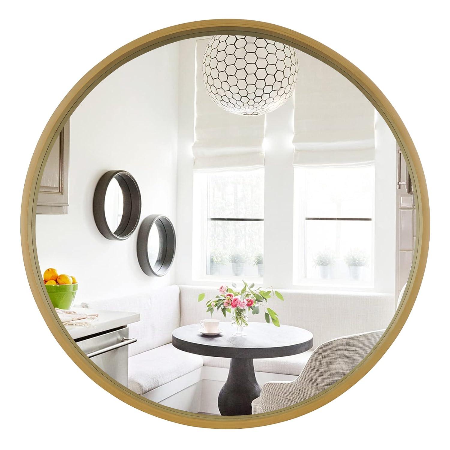 Walnut Round Pine Wood Mirror, 32" Diameter