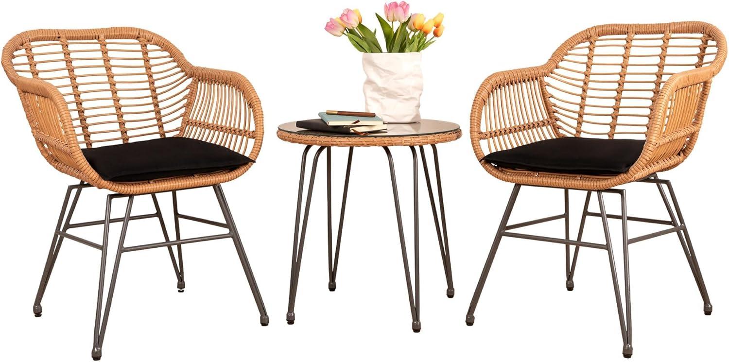 3 Piece Outdoor Wicker Furniture Patio Bistro Set, Balcony Furniture Rattan Conversation Sets, Outdoor Patio Chairs Set for Porch Poolside Garden, Black