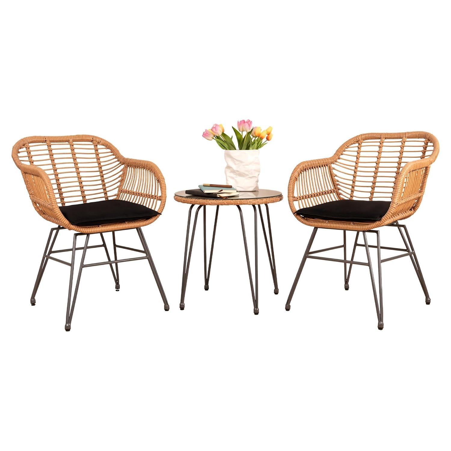 3 Piece Outdoor Wicker Furniture Patio Bistro Set, Balcony Furniture Rattan Conversation Sets, Outdoor Patio Chairs Set for Porch Poolside Garden, Black