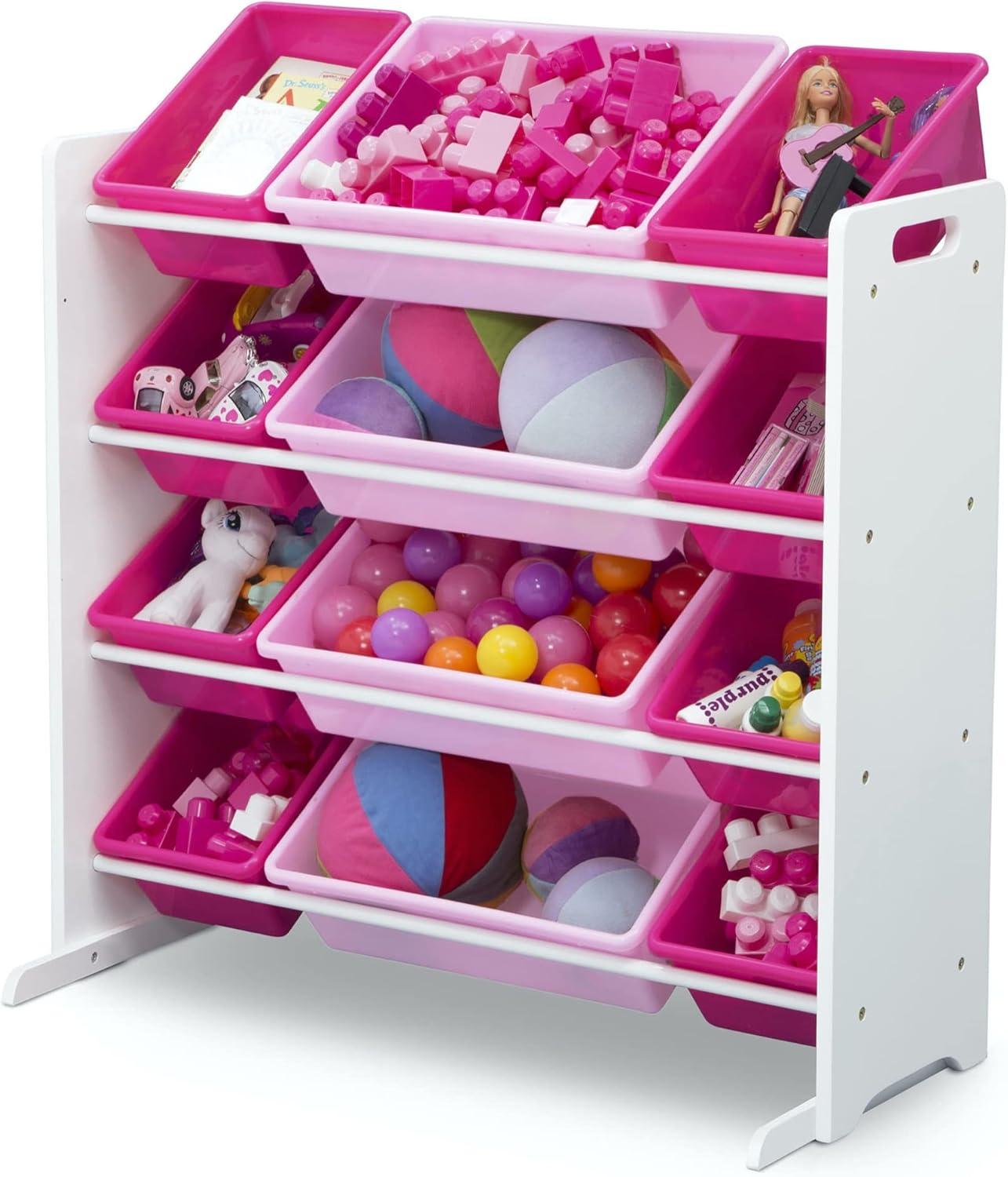 Delta Children Kids Toy Storage Organizer with 12 Plastic Bins, Greenguard Gold Certified, White/Pink