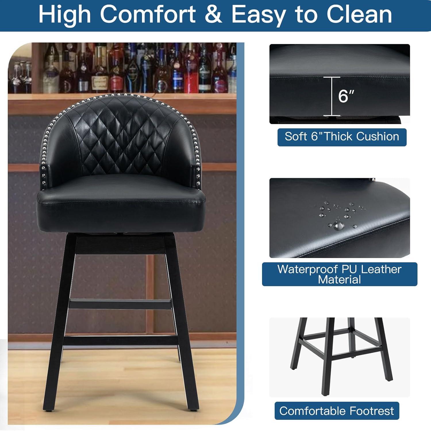 ECOTOUGE Swivel Barstools Set of 2, 29" Seat Height Bar Stools with Back & Rubber Wood Legs, PU Leather Counter Stools for Kitchen Island, Dining Room, Pub & Cafe (2PCS,Black)
