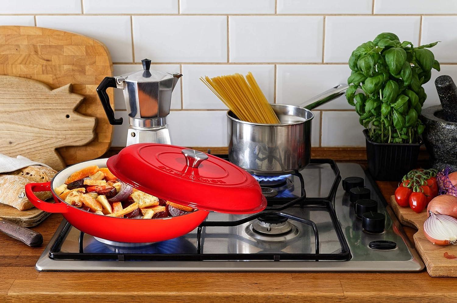 Bruntmor 121oz Qt - Enameled Cast Iron Dutch Oven With Handles and Lid | Cast Iron Skillet with Non-Stick Coating, Marine Blue