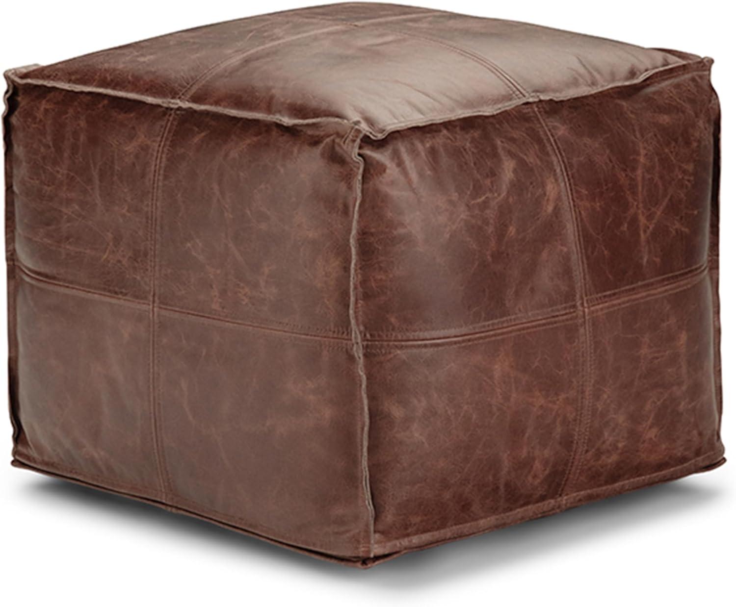 Simpli Home Sheffield Boho Square Pouf in Brown Genuine Leather