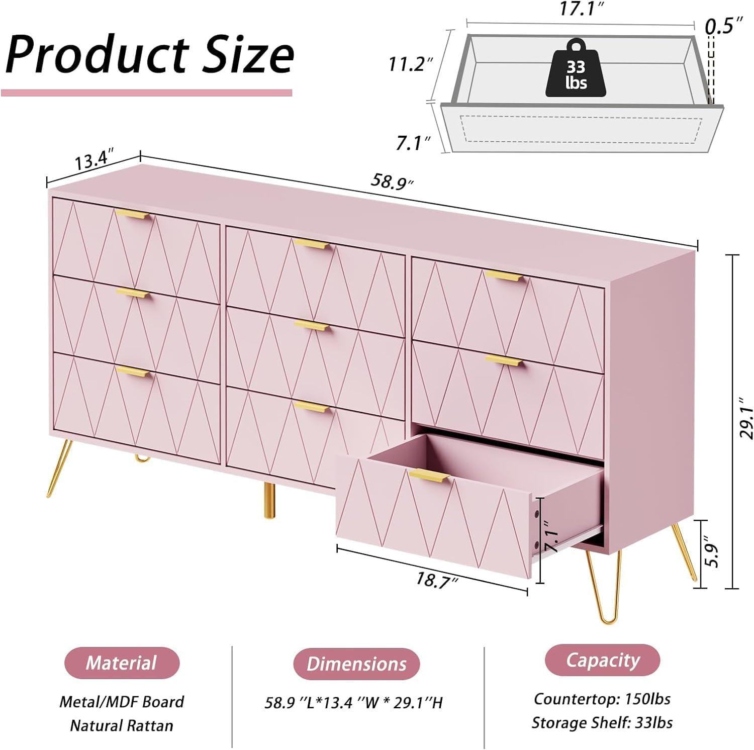 Pink Geometric 9-Drawer Dresser with Gold Accents