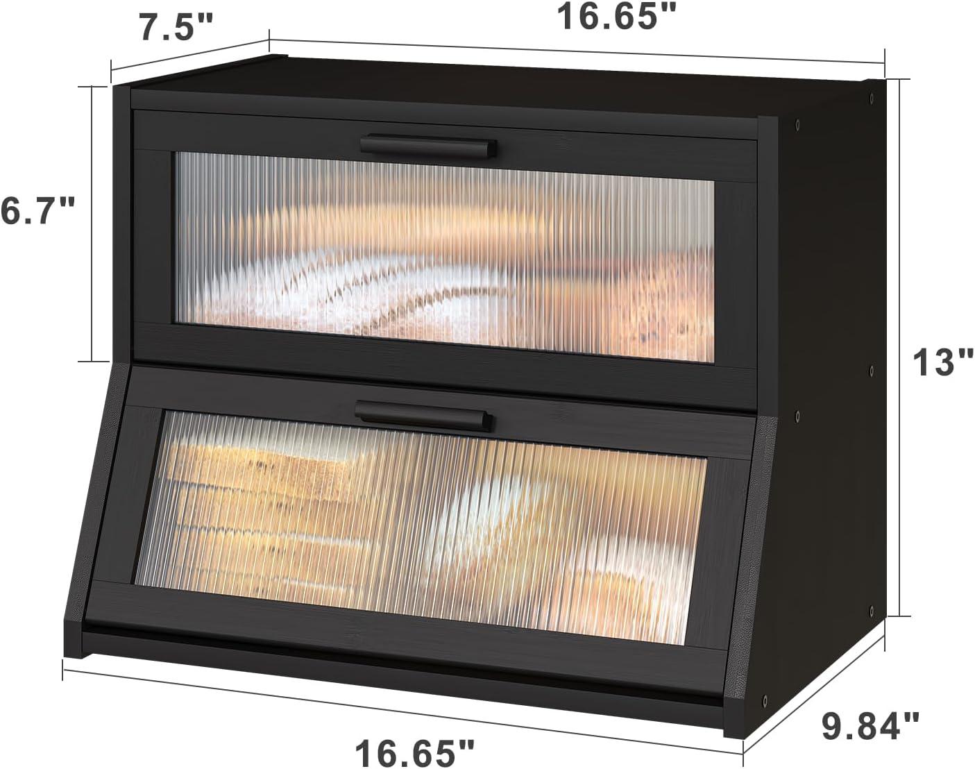 Black Large Bread Box for Kitchen Counter, Bamboo Wooden Double Layer Large Capacity Bread Storage Bin with Acrylic Wavy Door Panel (Black)