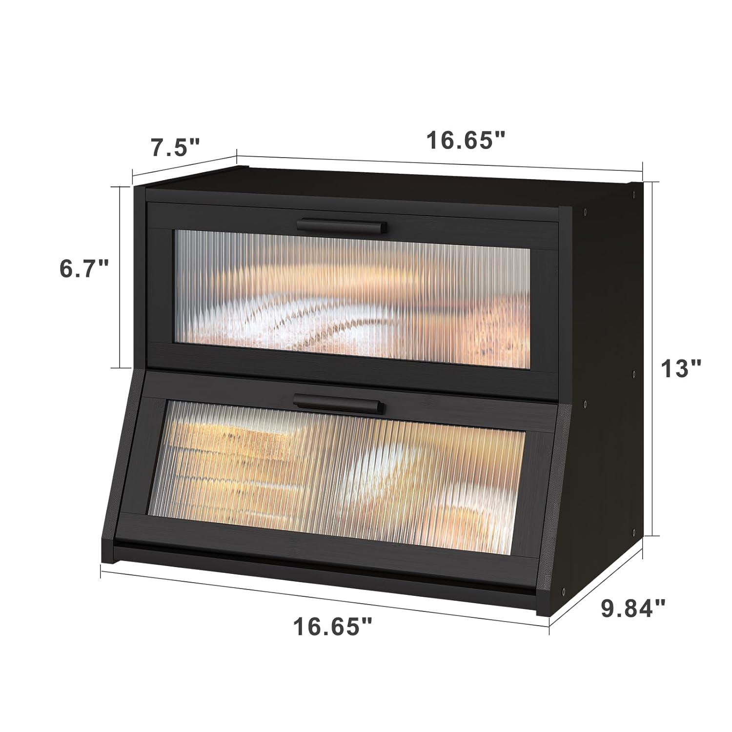 Black Large Bread Box for Kitchen Counter, Bamboo Wooden Double Layer Large Capacity Bread Storage Bin with Acrylic Wavy Door Panel (Black)