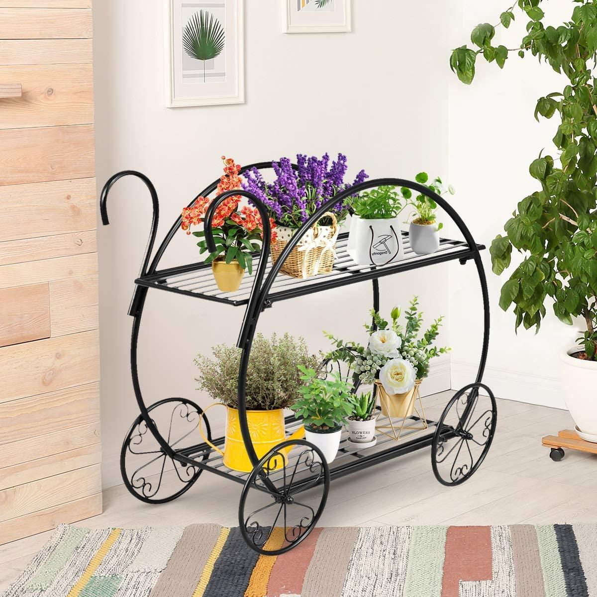 GRAFFY Metal Plant Stand, 2 Tiered Garden Cart Shelf with 4 Decorative Wheels, Parisian Style Flower Pot, Holder Display Shelf for Home Patio Garden Flower Shop