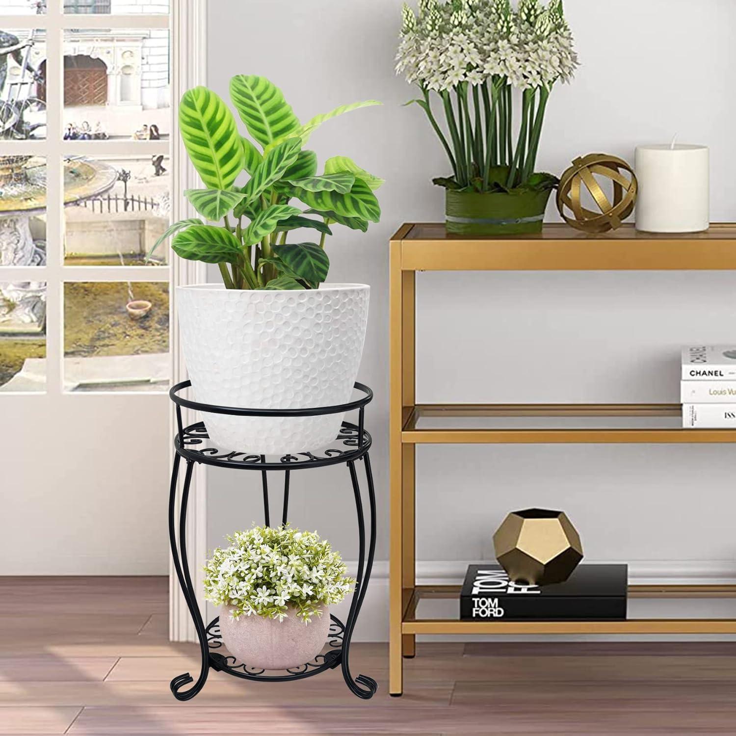 Black Metal 2-Tier Plant Stand with Floral Design