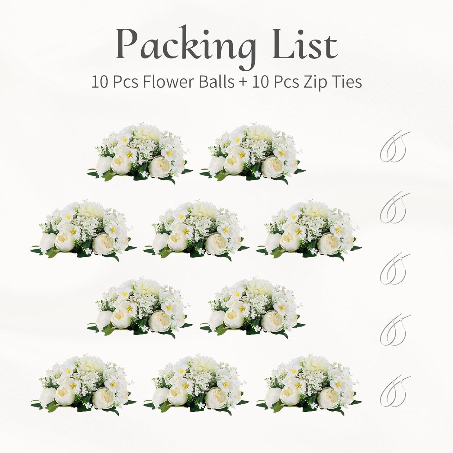 Nuptio Set of 10 White Rose Artificial Flower Kissing ball, 15 Heads Fake Peony Silk Flowers Bouquet for Centerpiece Wedding Birthday Party Home Table Decor