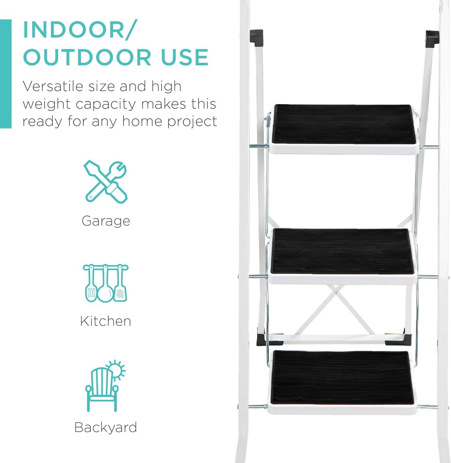 White Folding 3-Step Ladder with Non-Slip Feet