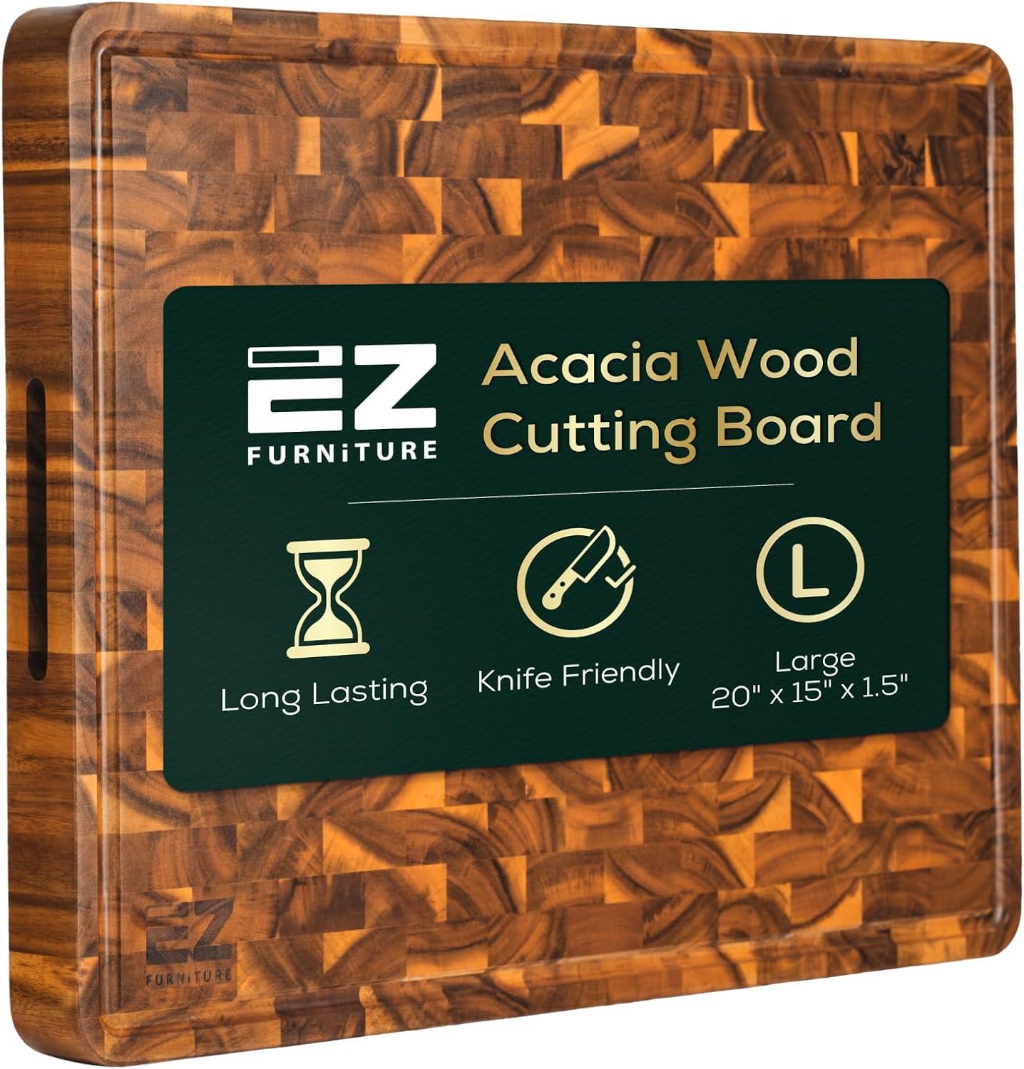 20" x 15" x 1.5" Inch Acacia Wood Cutting Board, End Grain with Juice Groove and Handles, Knife Friendly, Suitable for Chopping, Aesthetics for The Kitchen