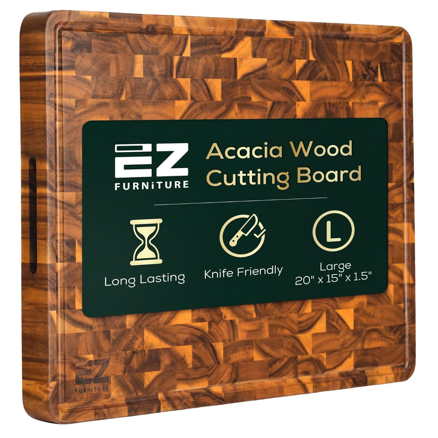 20" x 15" x 1.5" Inch Acacia Wood Cutting Board, End Grain with Juice Groove and Handles, Knife Friendly, Suitable for Chopping, Aesthetics for The Kitchen