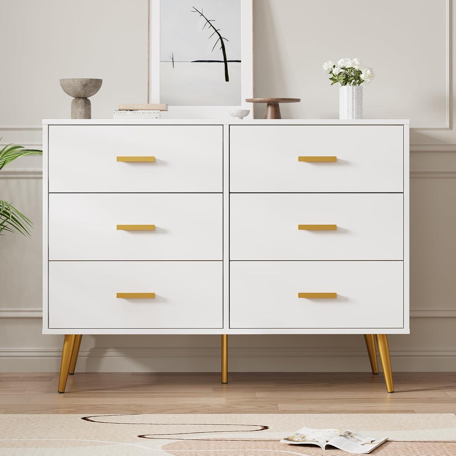 Danolapsi 6 Drawer Dresser,6-Drawer Chest of Drawers for Bedroom,Wooden Dresser with Gold Handles,Chest Dresser with Deep Drawers Modern Storage Drawers for Bedroom,Living Room and Entryway