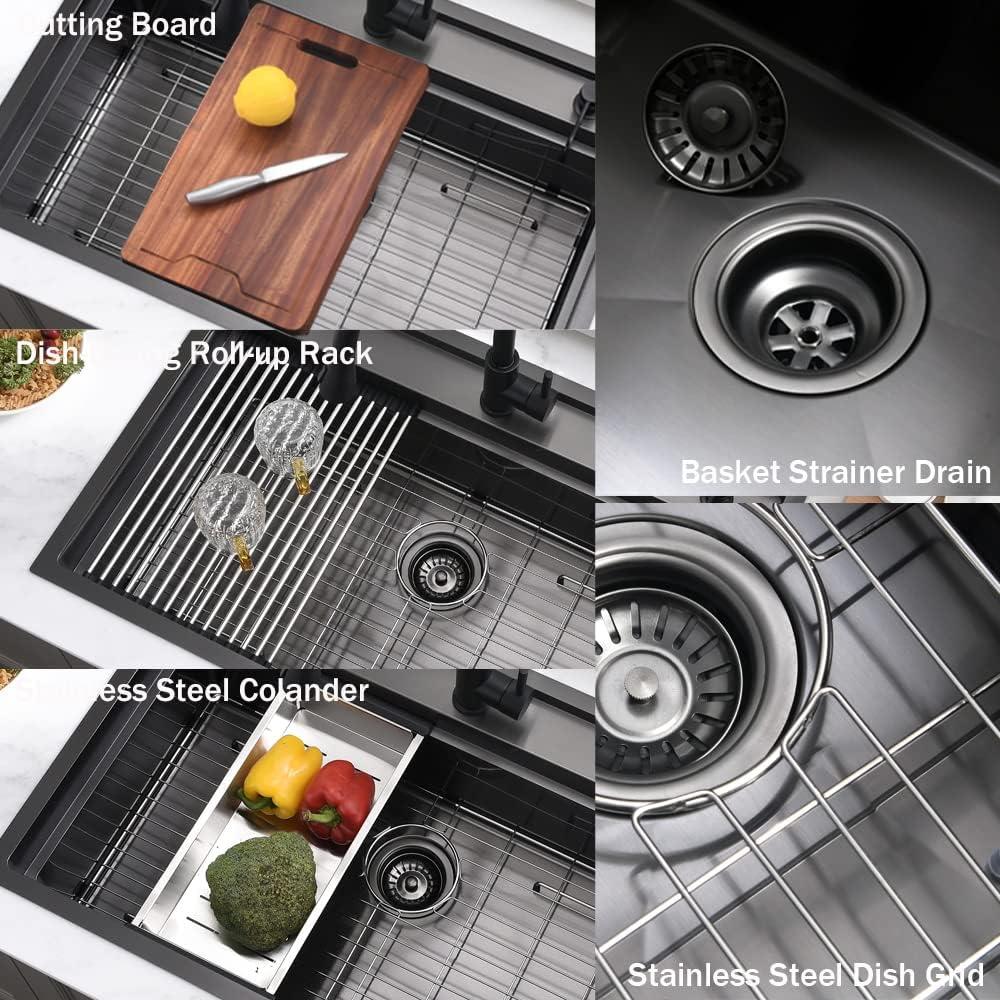 33 Inch Black Waterfall Drop In Kitchen Sink Workstation - VOKIM 33x22-Inch Drop In Sink Splash Guard Stainless Steel 16 Gauge 10'' Single Bowl sink Top Loading Flying Rain pull faucet