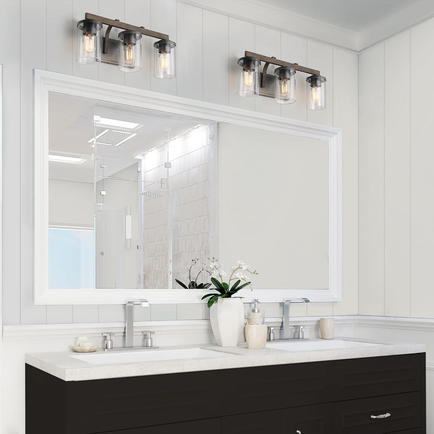 Rustic 20'' Faux Wood and Clear Glass 3-Light Vanity Fixture