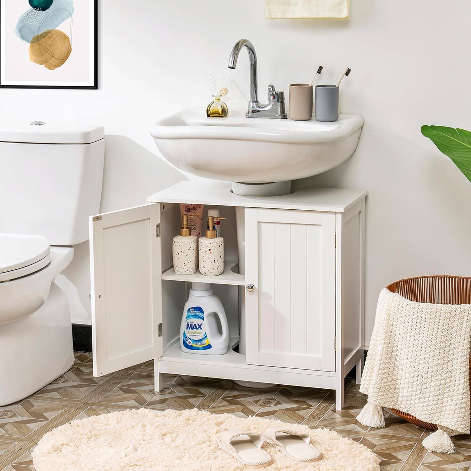 FCH Pedestal Sink, Storage Cabinets with Two Doors and Adjustable Shelves Under Sink Organizer Bathroom Vanity Storage White