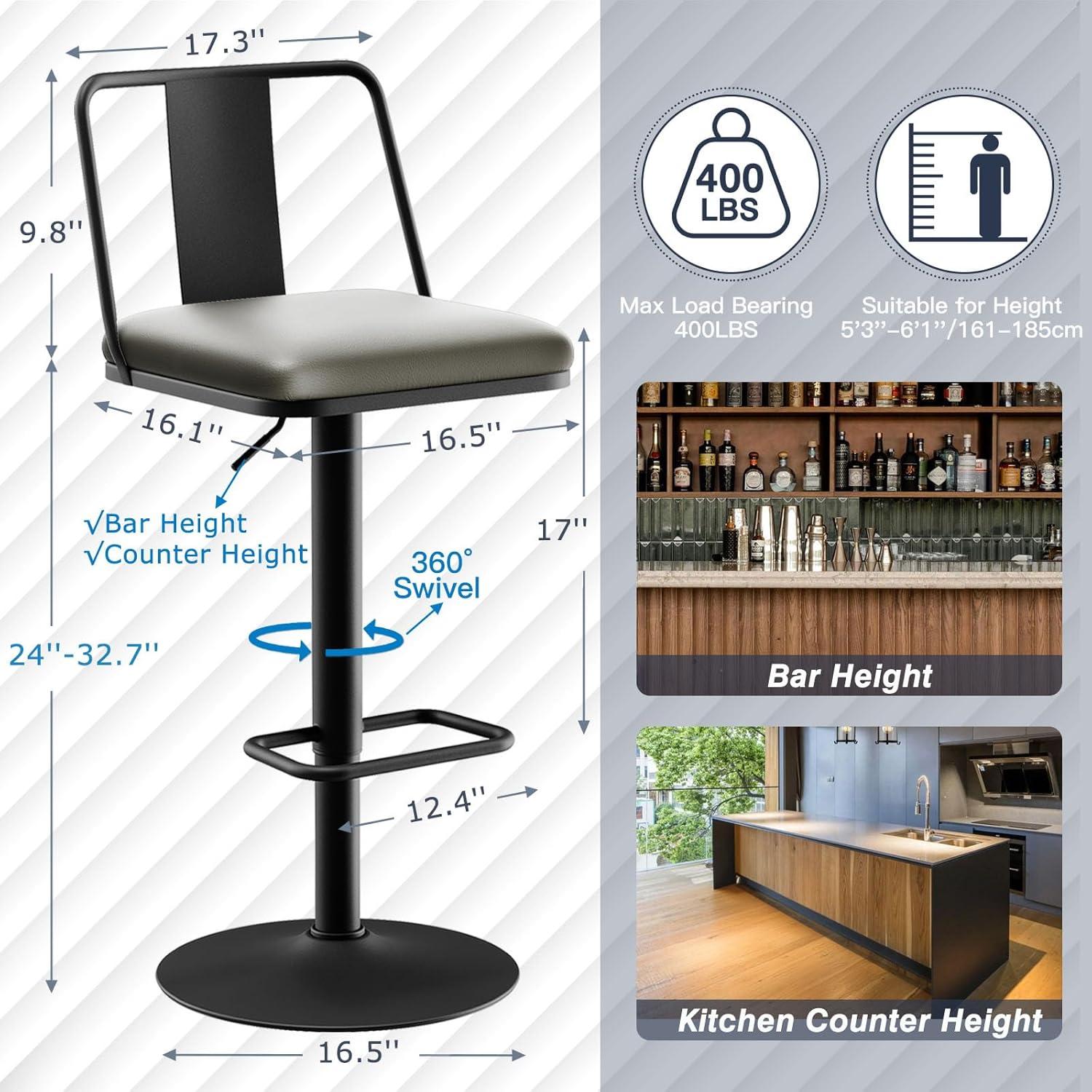 Metal Swivel Barstools Set of 2, Enlarged PU Leather Seat with Metal Back, Adjustable from 24" to 33" for Counter Height & Bar Height, Modern Design for Kitchen and Restaurant,MatteBlack