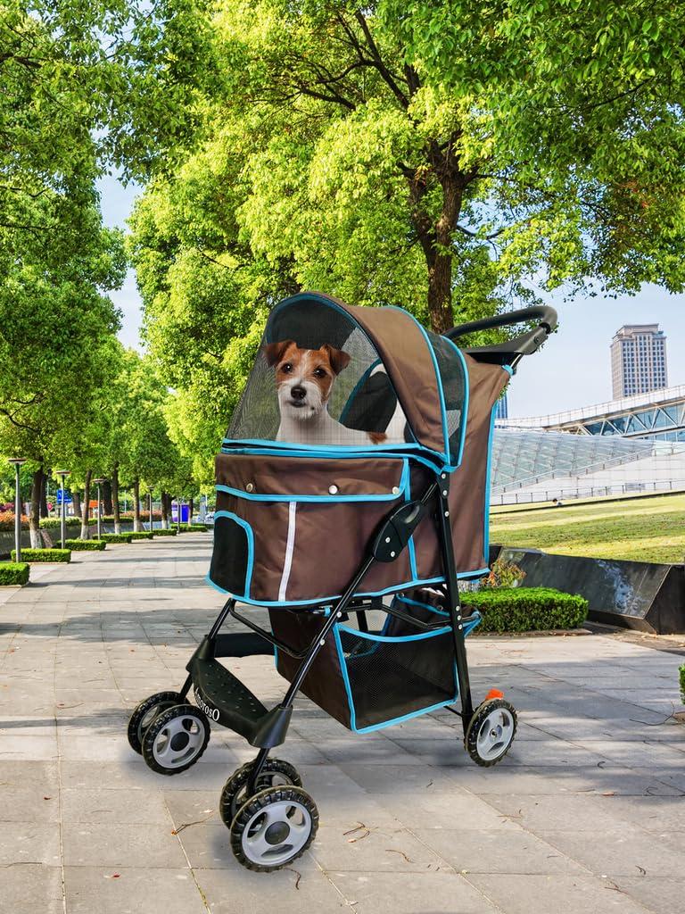 Brown and Turquoise Foldable Pet Stroller with Storage Basket