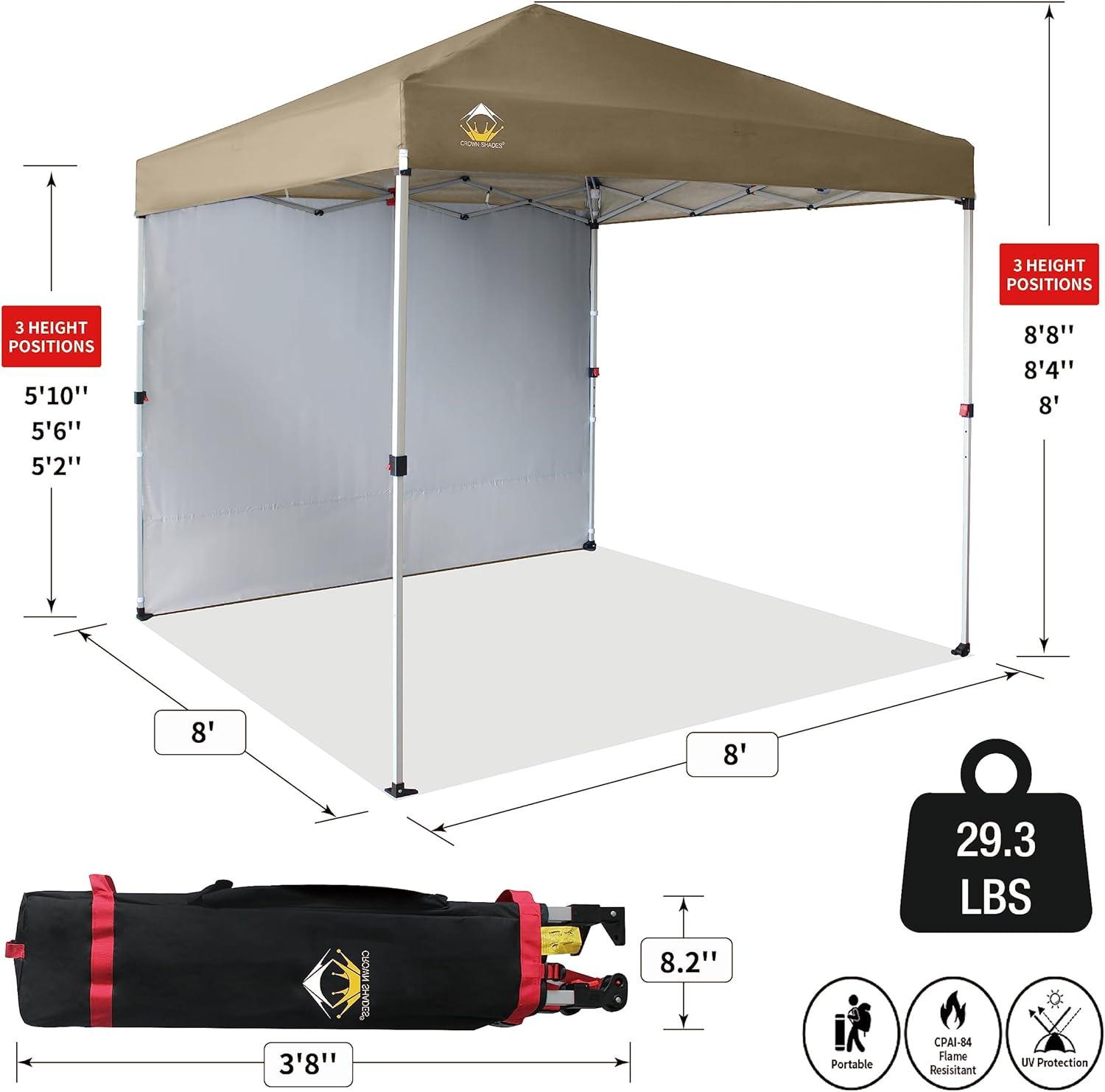 CROWN SHADES 8x8 Pop Up Canopy with 1 Side Wall - Beach Tent with One Push Setup - Outdoor Sun Shade for Events, Parties