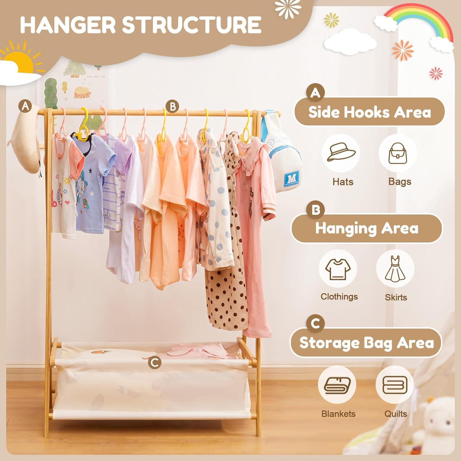 Natural Bamboo Kids Clothing Rack with Storage Box