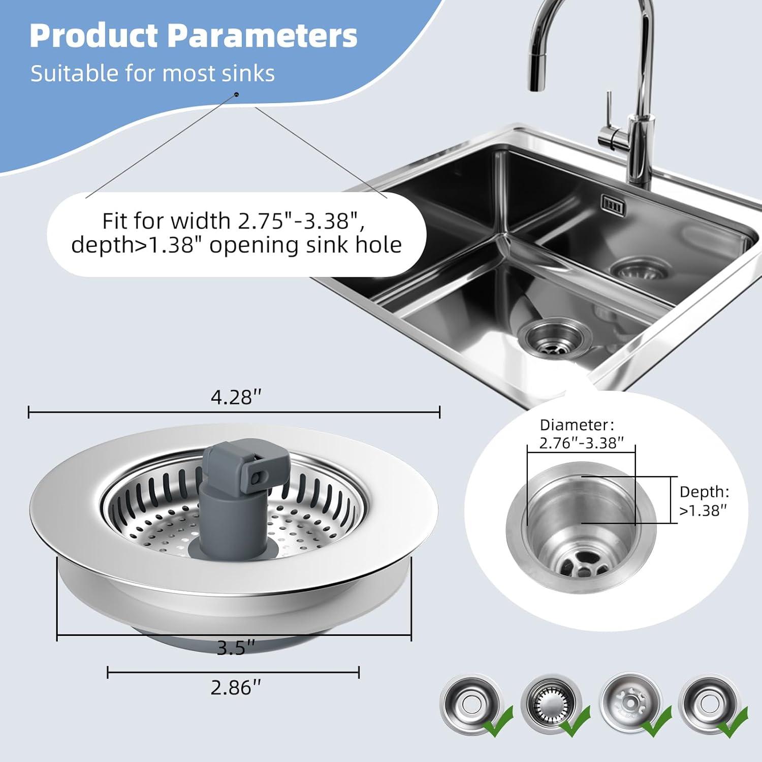 Hibbent 3-in-1 Kitchen Sink Drain Strainer  Stopper , Stainless Steel Pop-Up Design, Anti-Clogging Metal Basket with Handle, Compatible with US Standard 3-1/2" Drain