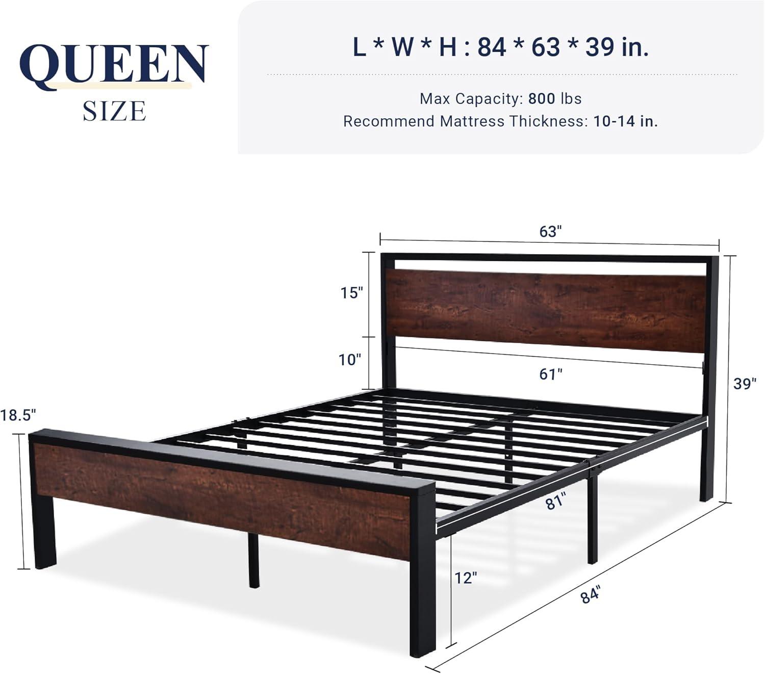 Queen Black Oak Metal Frame Bed with Wood Headboard and Storage