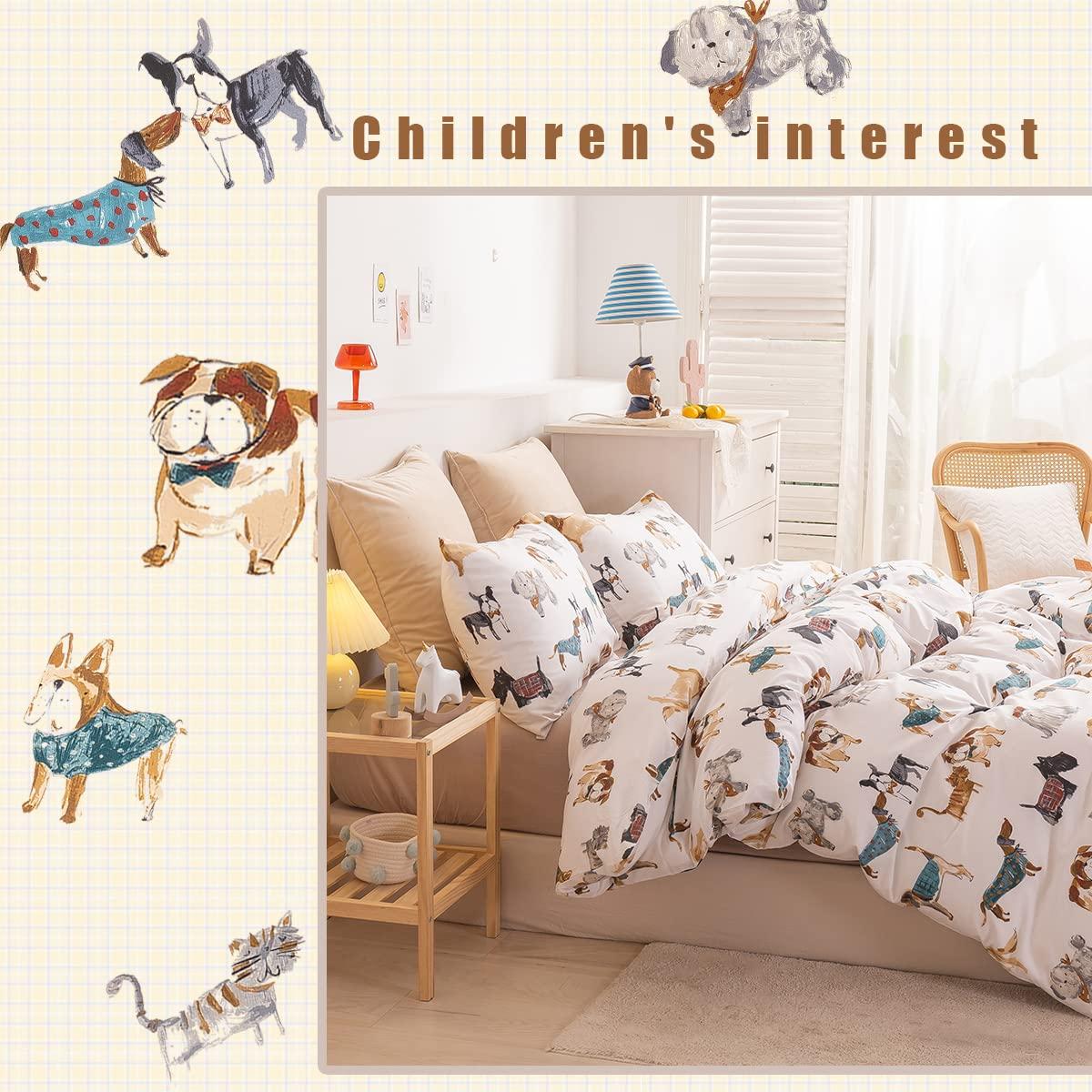 Ivellow 100% Cotton Queen Duvet Cover Set, Cartoon Dog Puppy Patterned Kids Duvet Cover for Boys Girls Soft Bedding Sets 3Pcs White Comforter Cover with Zipper Closure 2 Pillowcases, (No Comforter)