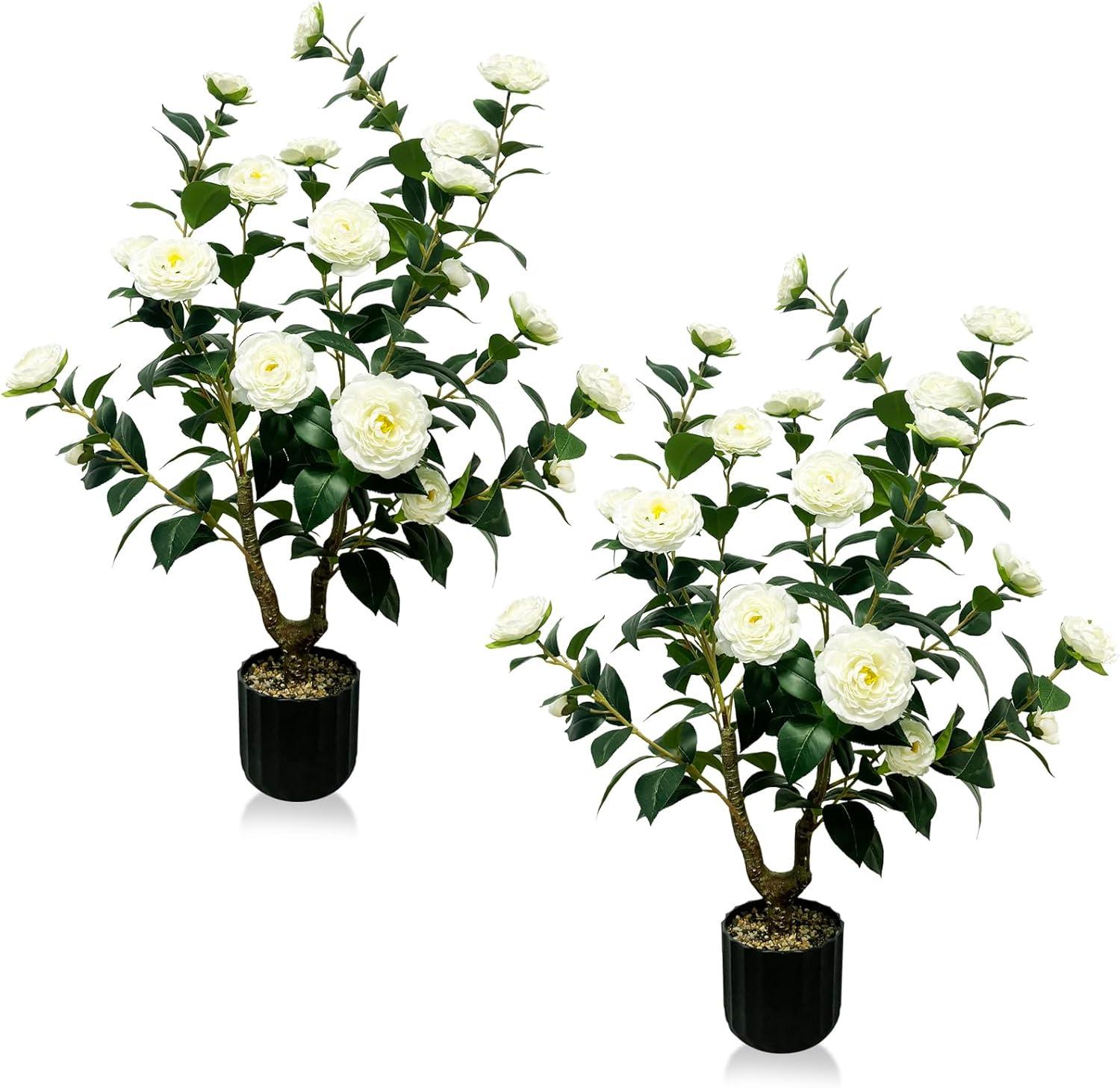 Tall Artificial White Camellia Trees in Black Pots, Set of 2