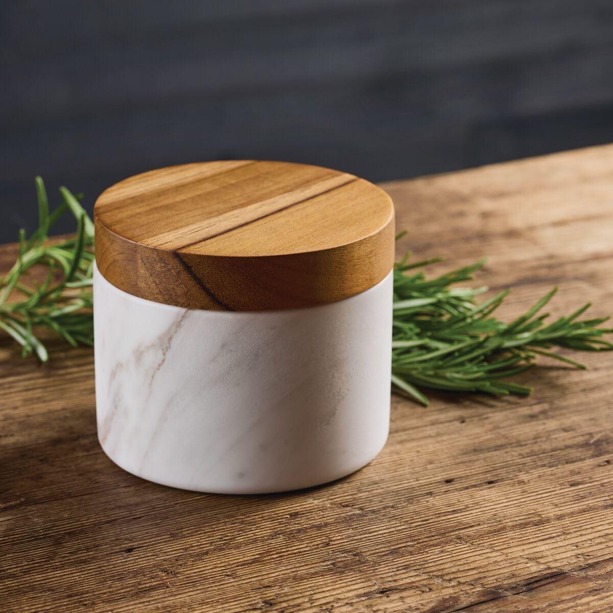 White Marble Salt Cellar with Teak Lid, 5.25 Ounce