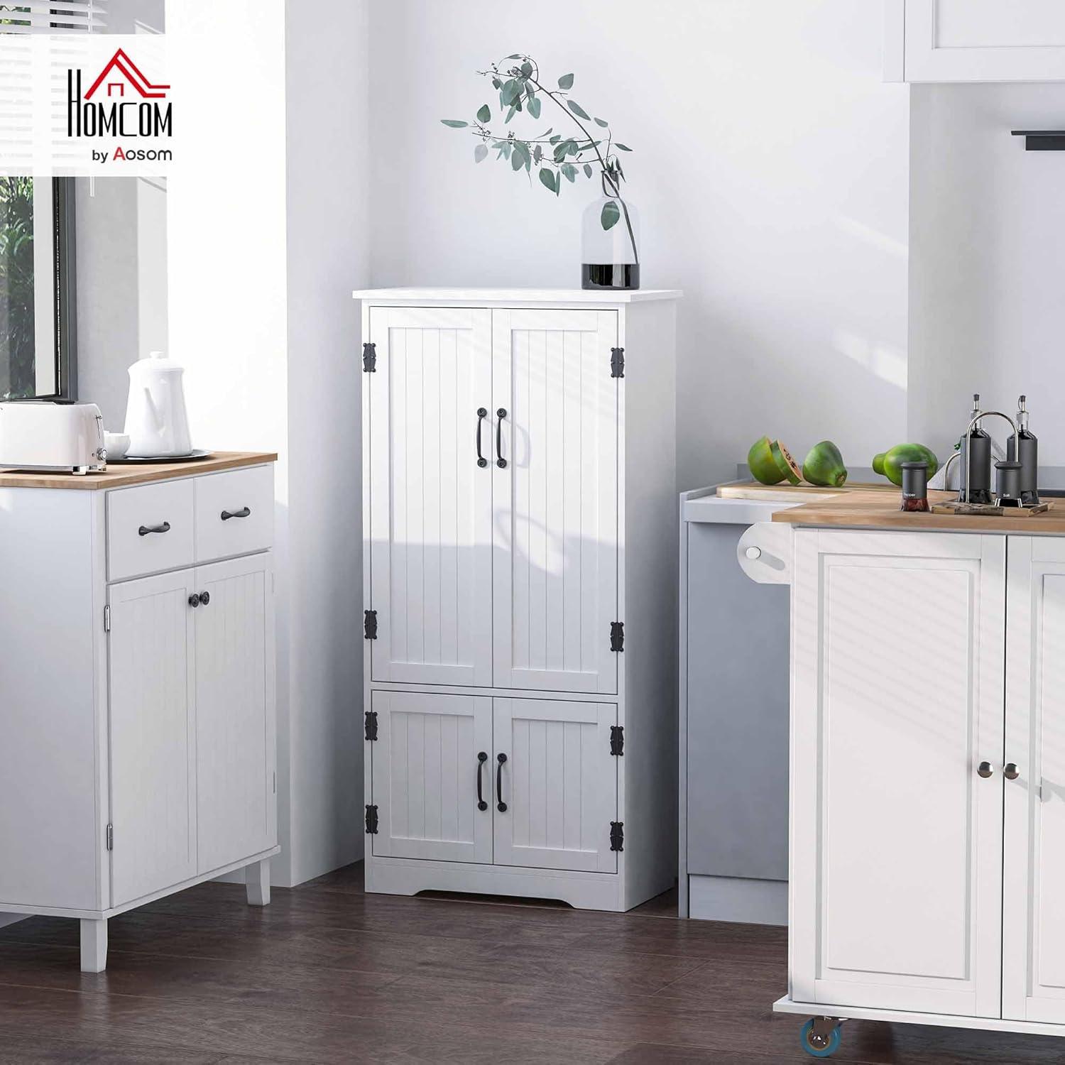 HOMCOM 48.5" Farmhouse Kitchen Pantry, Floor Storage Cabinet, Cupboard Organizer with Adjustable Shelves and 4-Doors for Dining Room, White