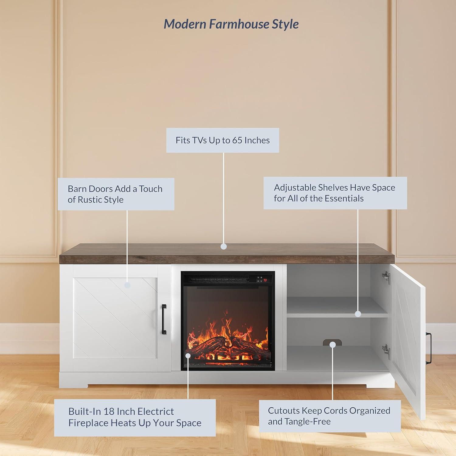 BELLEZE Modern 58 Inch Farmhouse TV Stand with 18 Inch Electric Fireplace & Media Entertainment Center Console Table for TV up to 65 Inch with Storage Cabinets and Infrared Heater - Hilo (White)